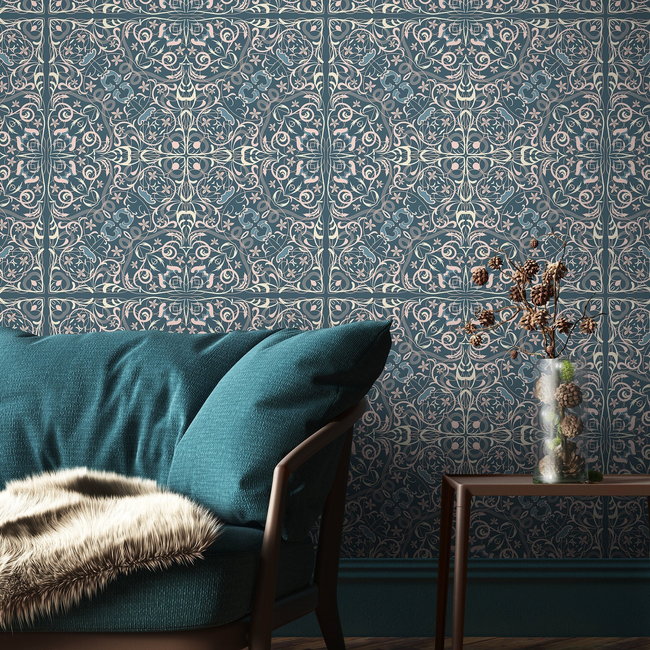 Tile Wallpaper With An Ornate Azulejos Motif In Teal, Pink, And Cream - A586