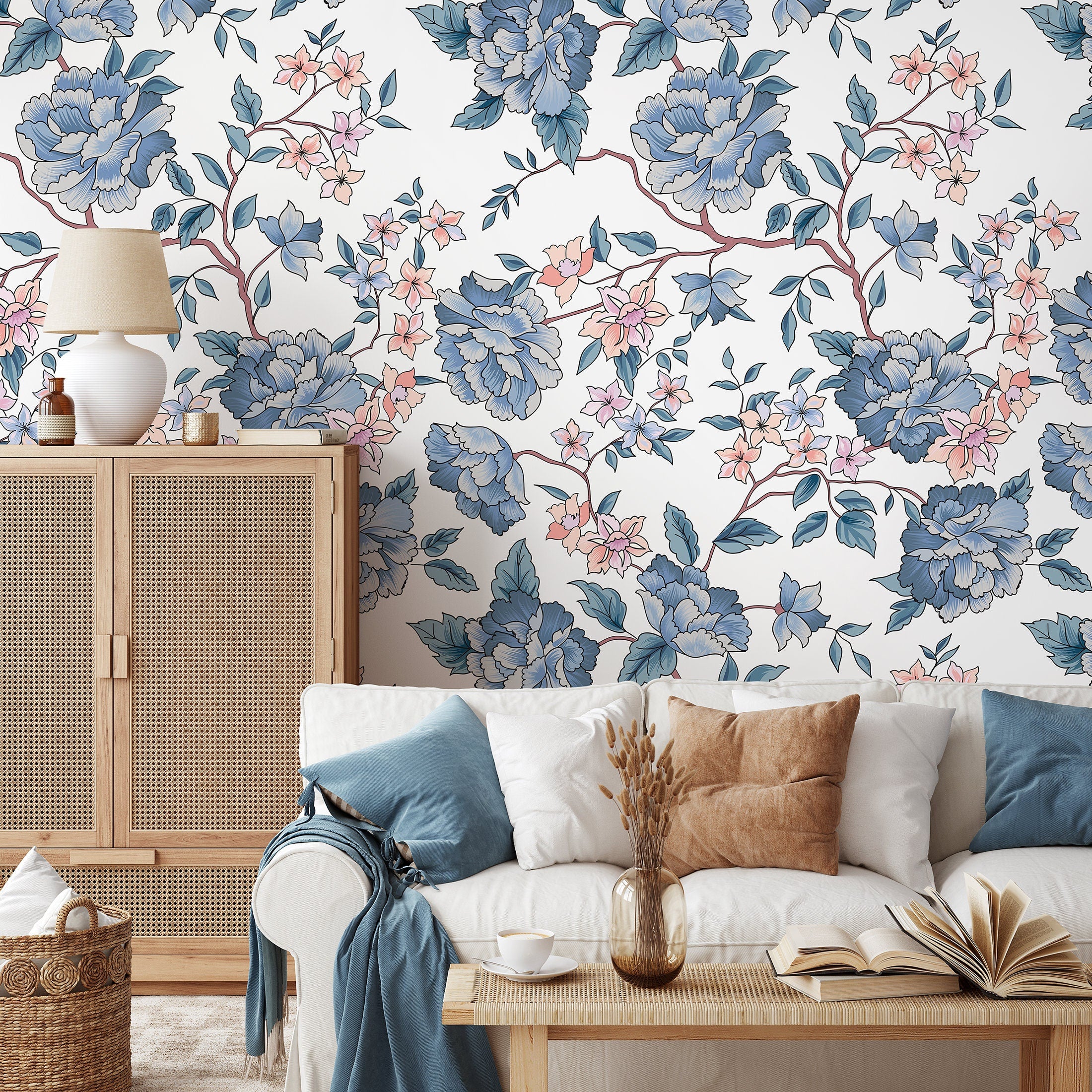 Vintage Floral Wallpaper With Peonies And Blossoms In Blue And Pink - A594