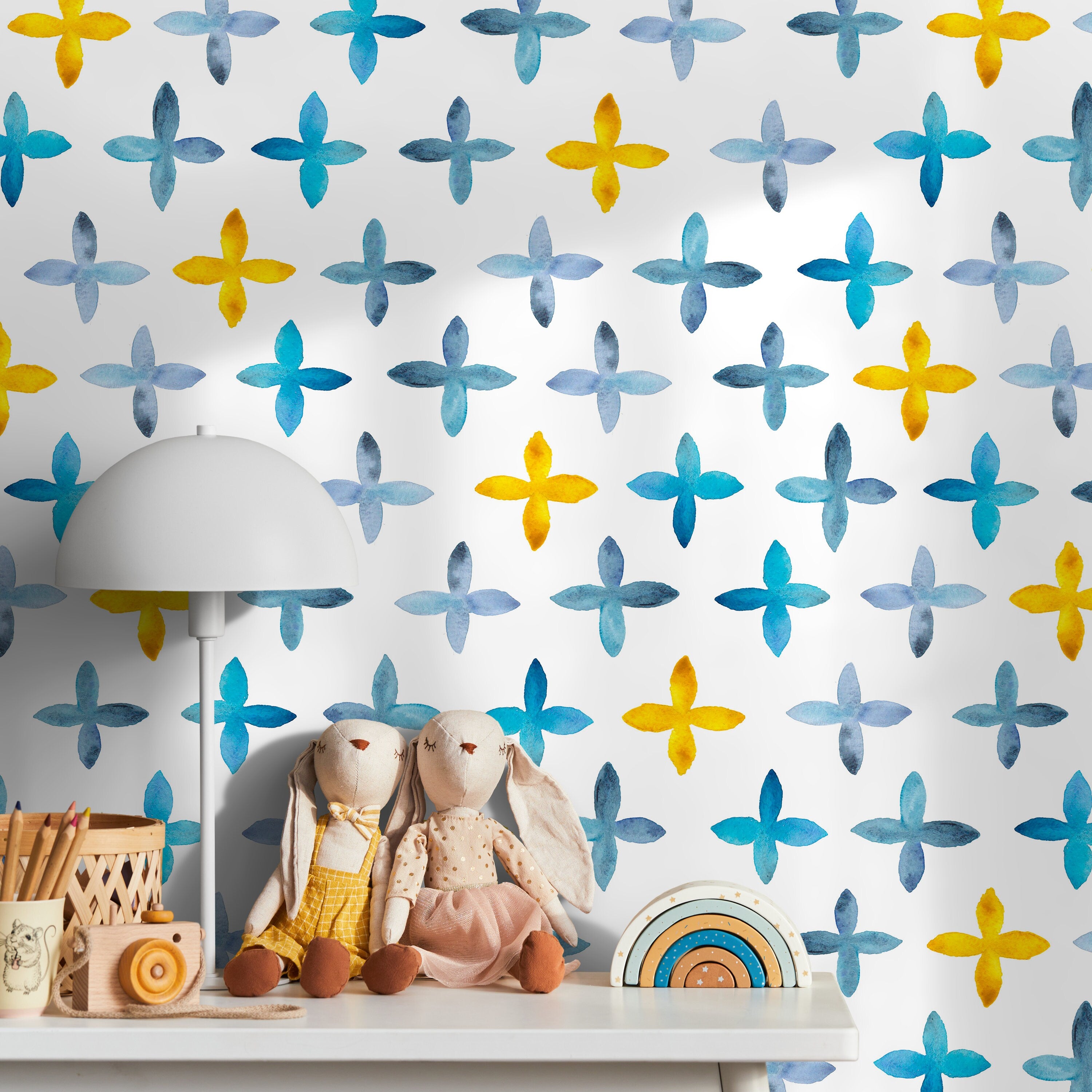 Geometric Wallpaper With Watercolor Crosses In Blue And Yellow - A603