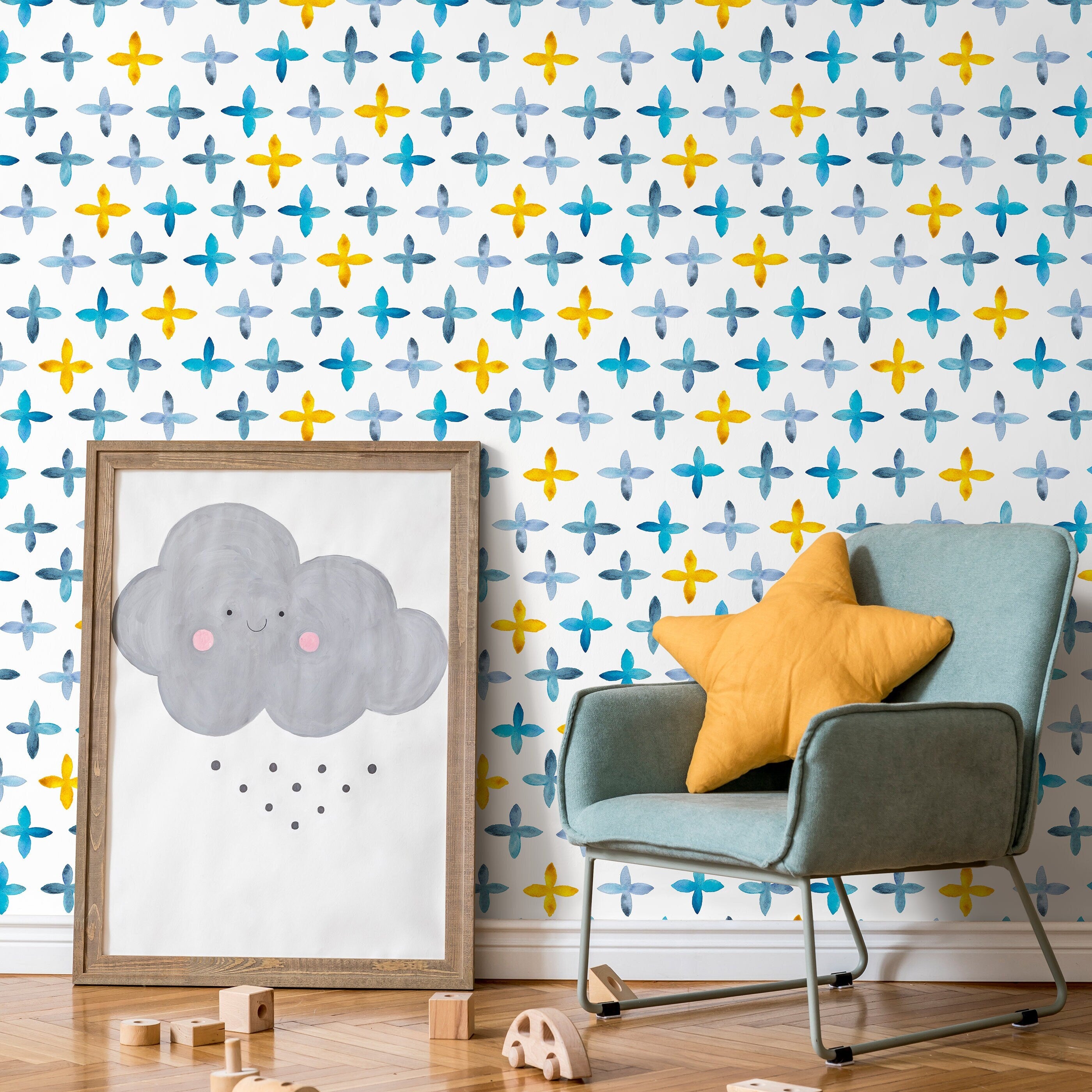Geometric Wallpaper With Watercolor Crosses In Blue And Yellow - A603