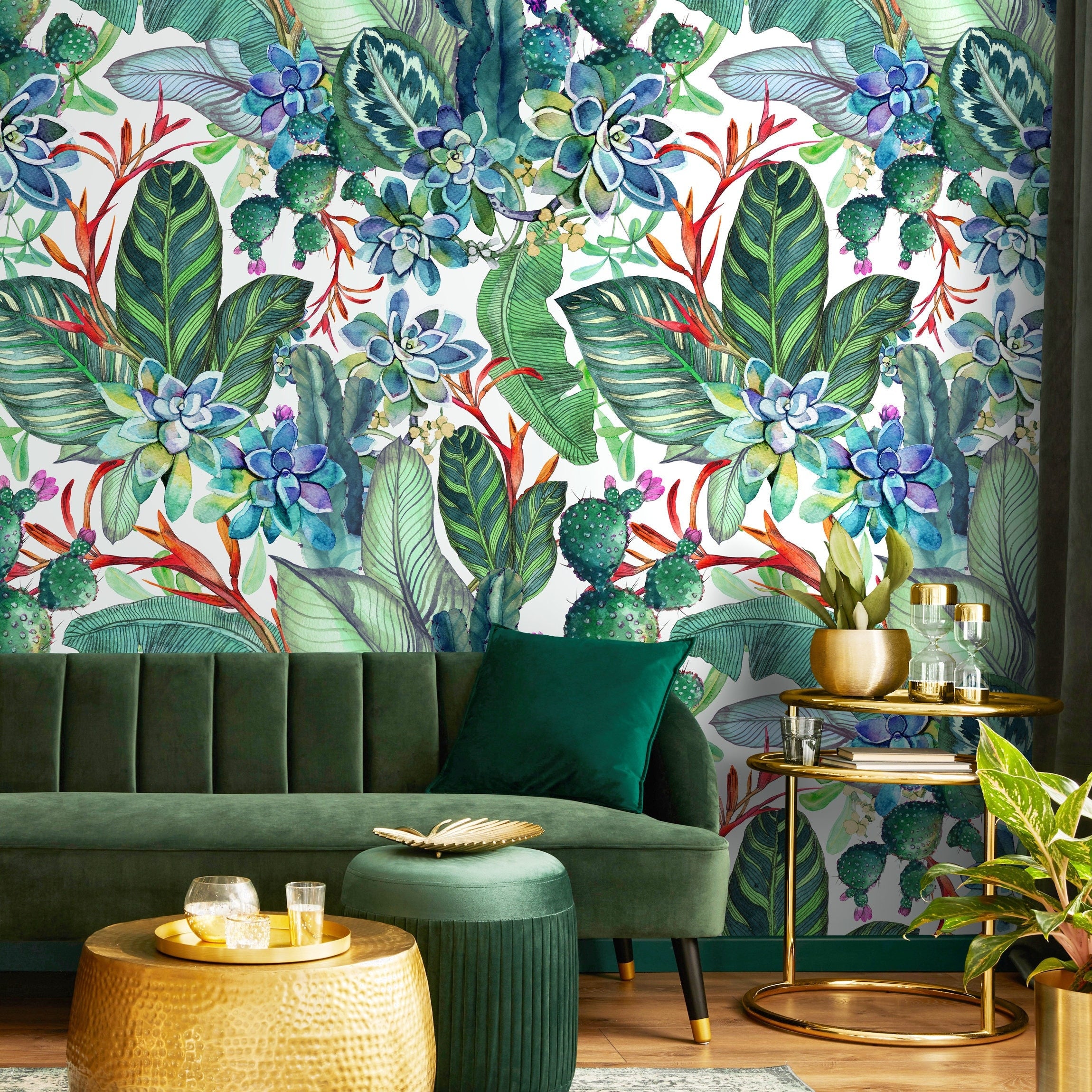 Botanical Wallpaper Featuring Watercolor Succulents And Cacti In Green, Blue, And Red - A612