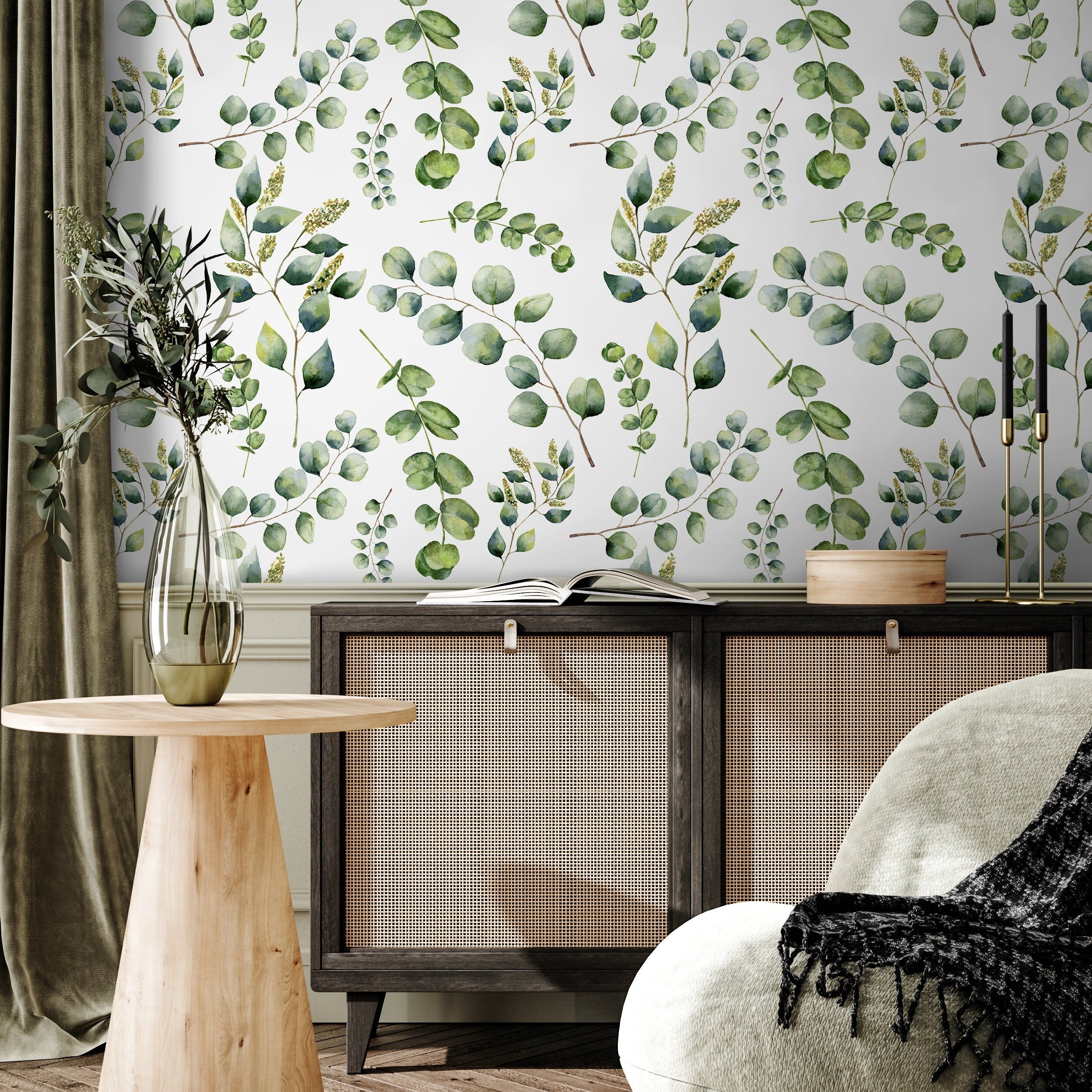 Botanical Wallpaper With A Watercolor Eucalyptus Motif In Green And Brown - A649