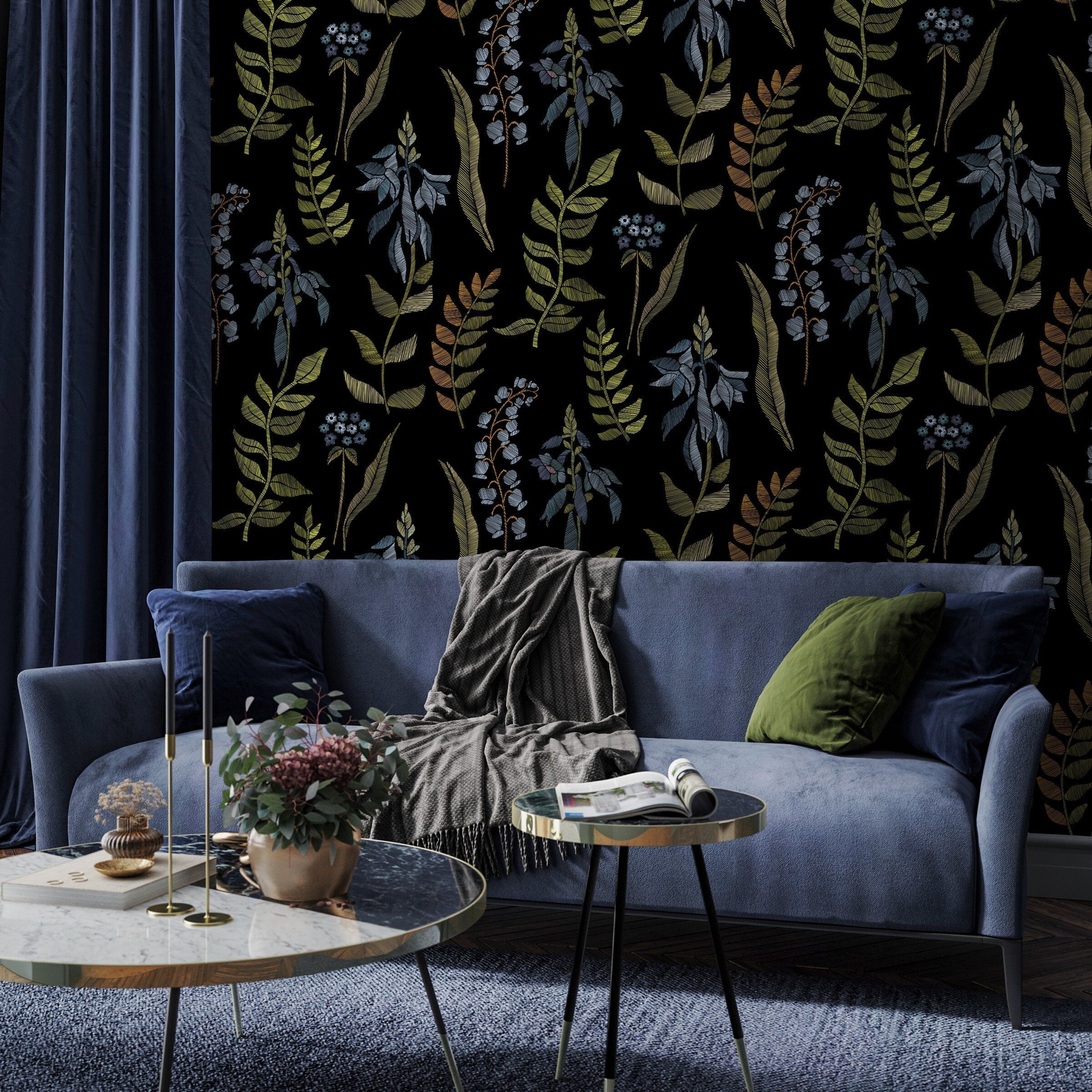 Botanical Wallpaper With An Embroidered Leaf Motif In Green, Blue, And Copper - A656
