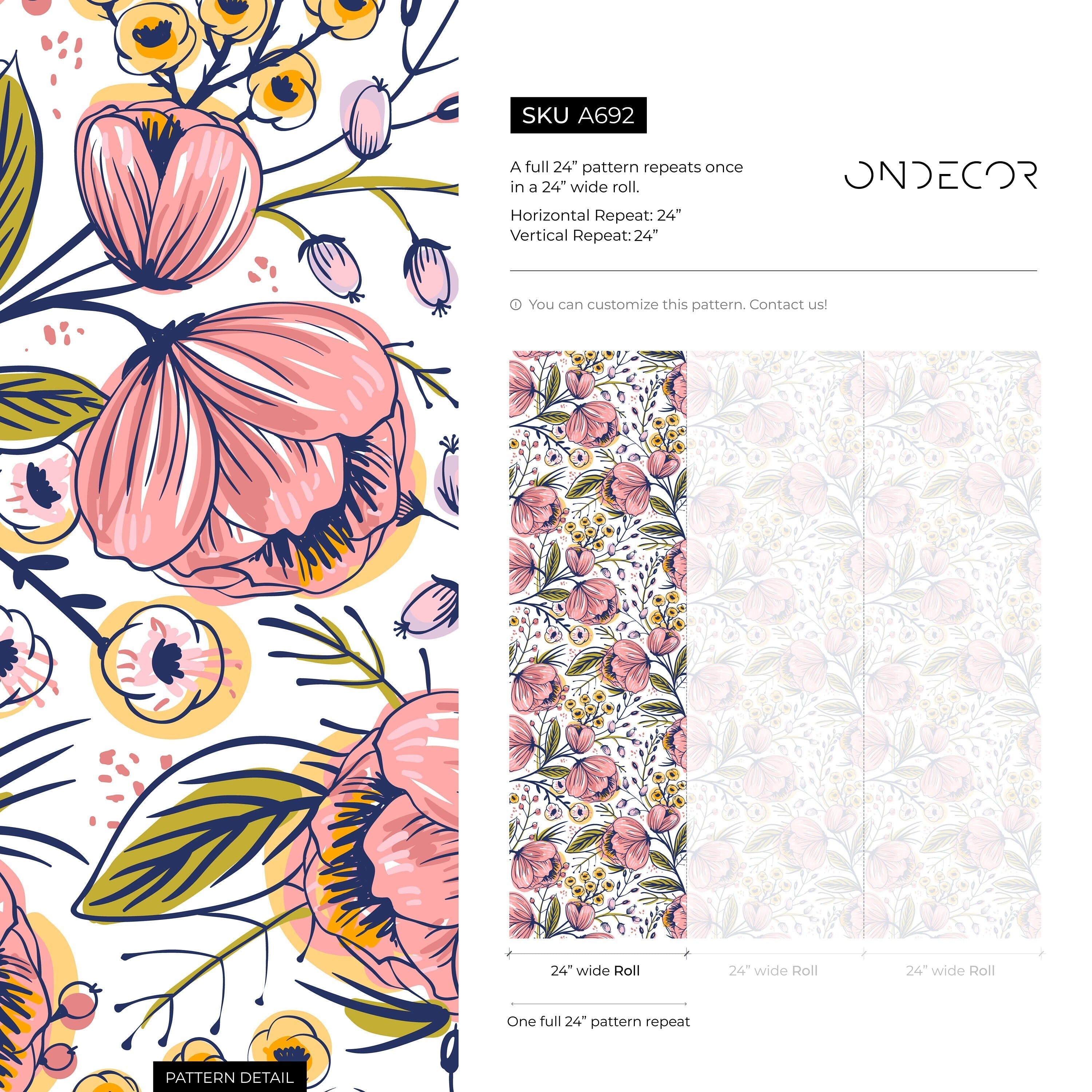 Floral Wallpaper With Stylized Blooms In Pink, Yellow, And Blue - A692
