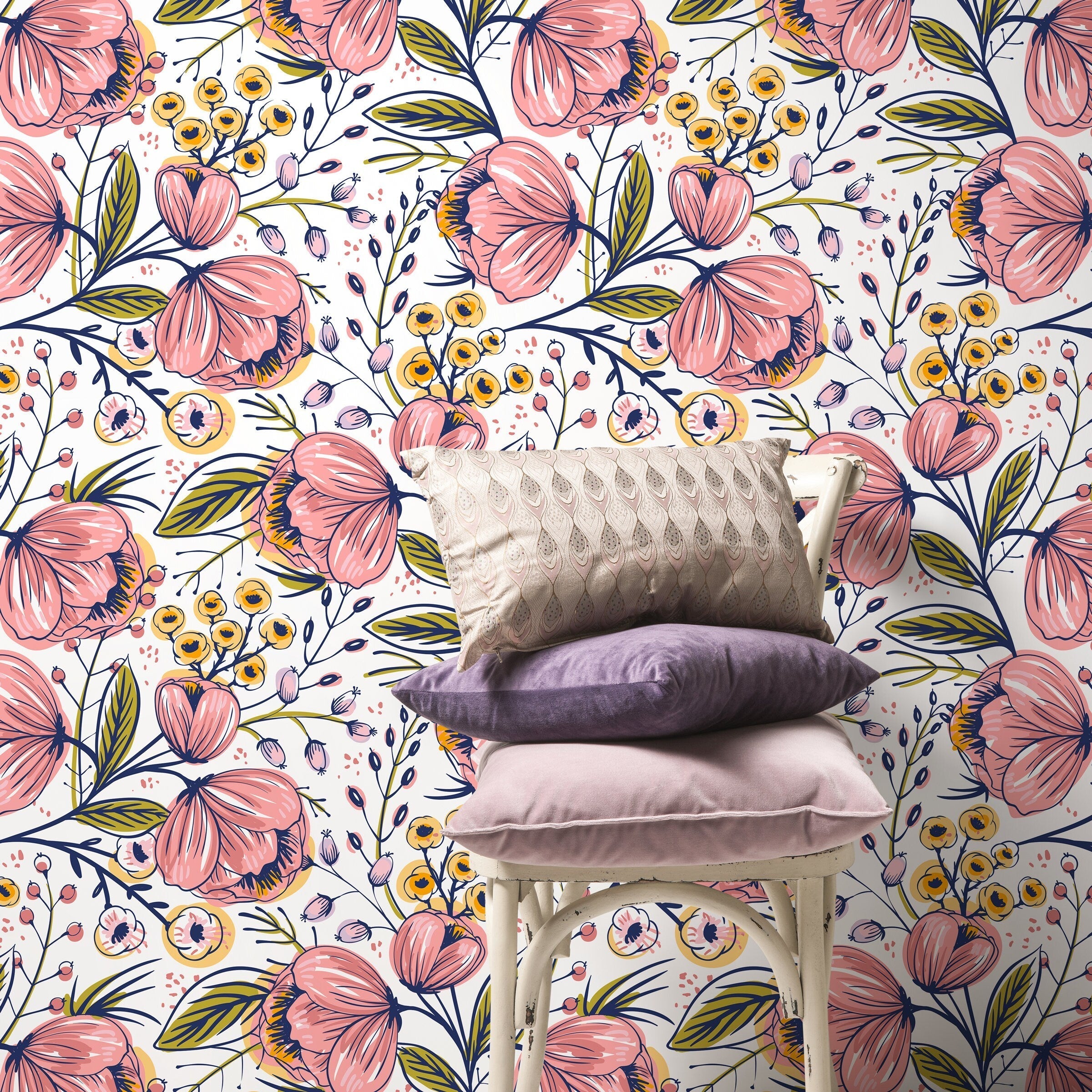 Floral Wallpaper With Stylized Blooms In Pink, Yellow, And Blue - A692