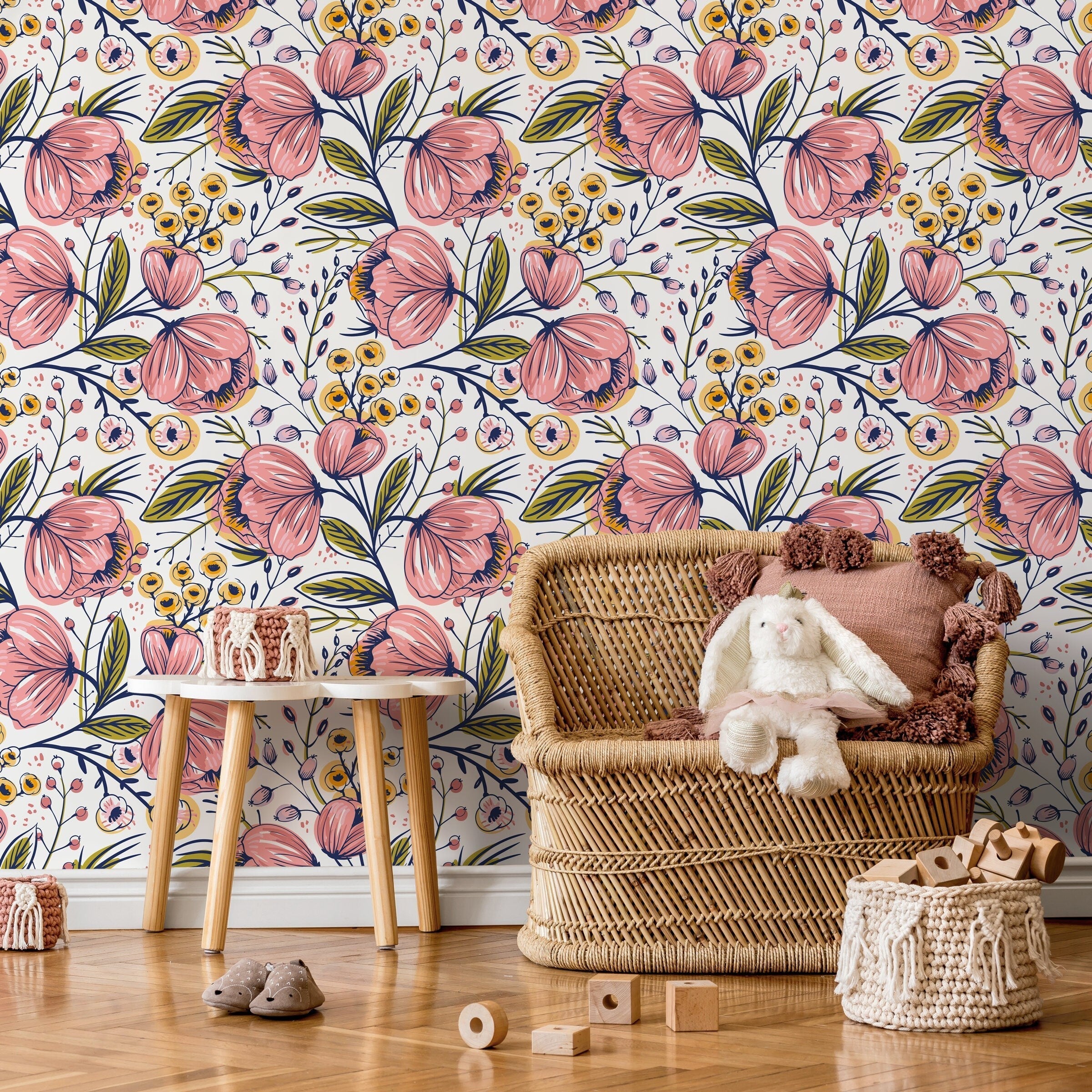 Floral Wallpaper With Stylized Blooms In Pink, Yellow, And Blue - A692