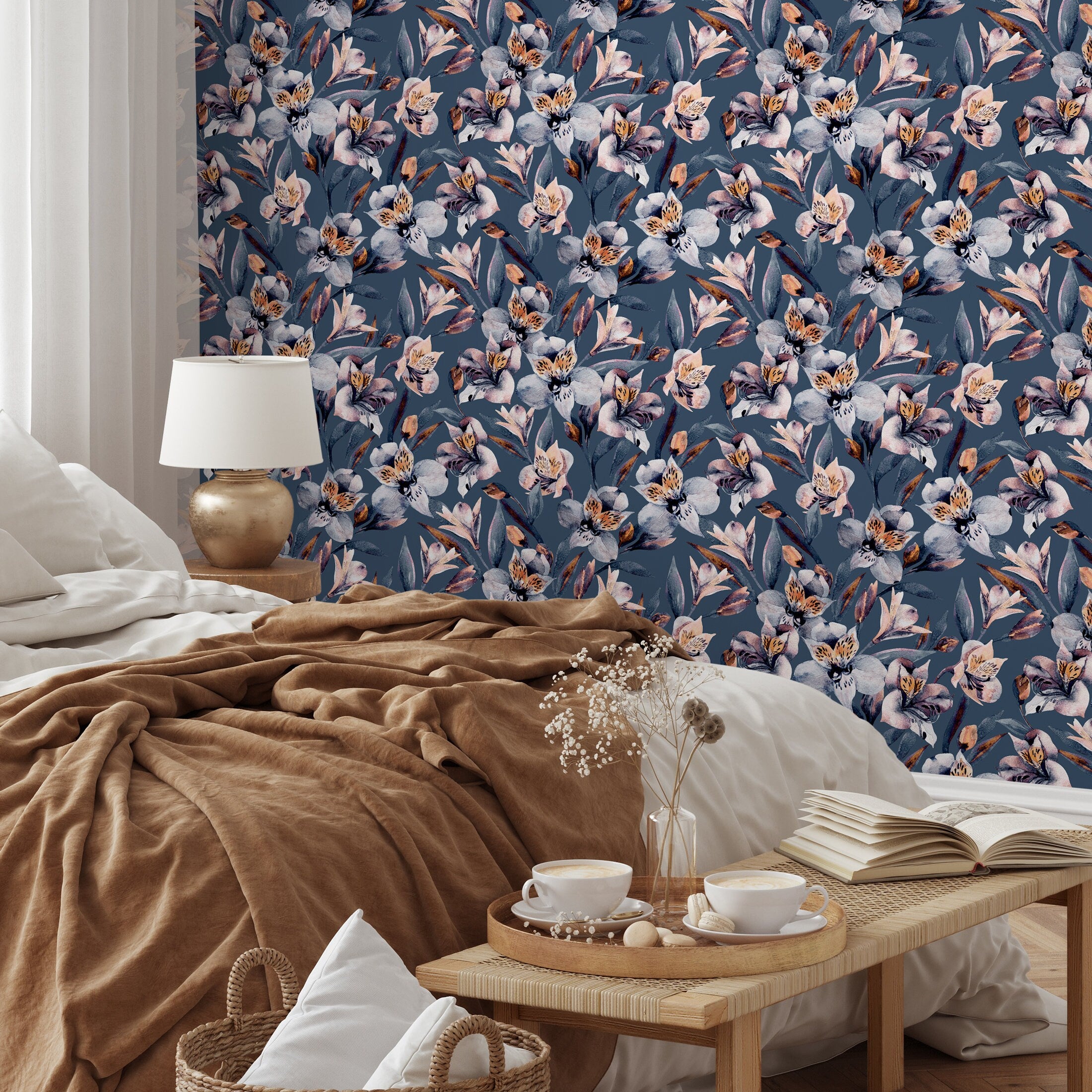 Floral Wallpaper With Painterly Blooms In Blue, Pink, And Orange - A939