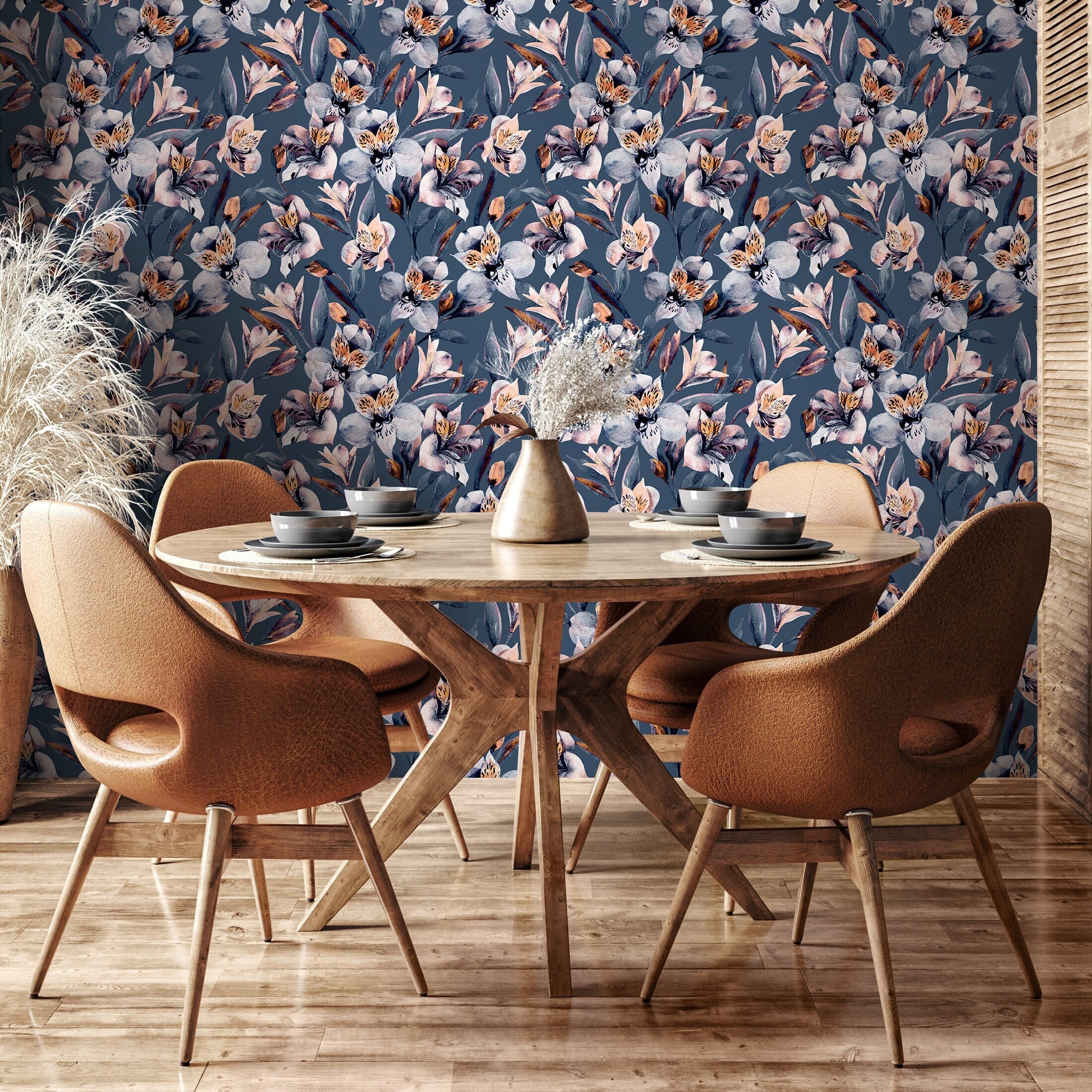 Floral Wallpaper With Painterly Blooms In Blue, Pink, And Orange - A939