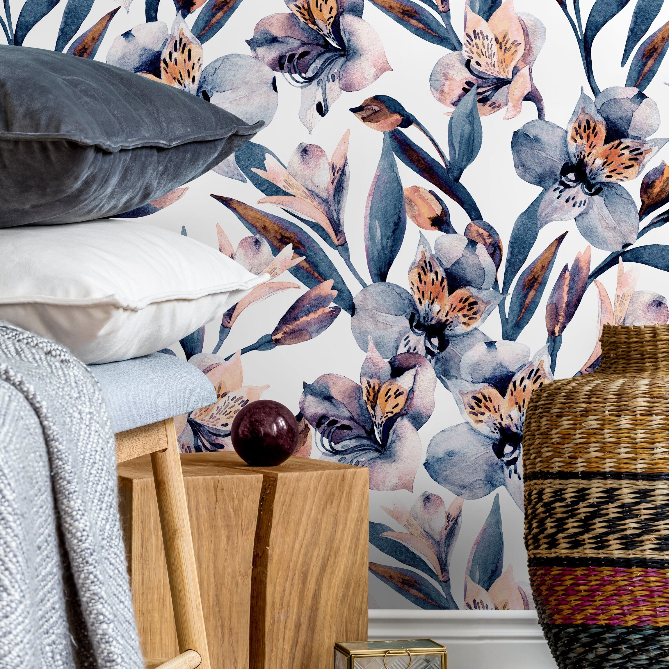 Floral Wallpaper With Watercolor Orchids In Blue, Purple, And Orange - A940