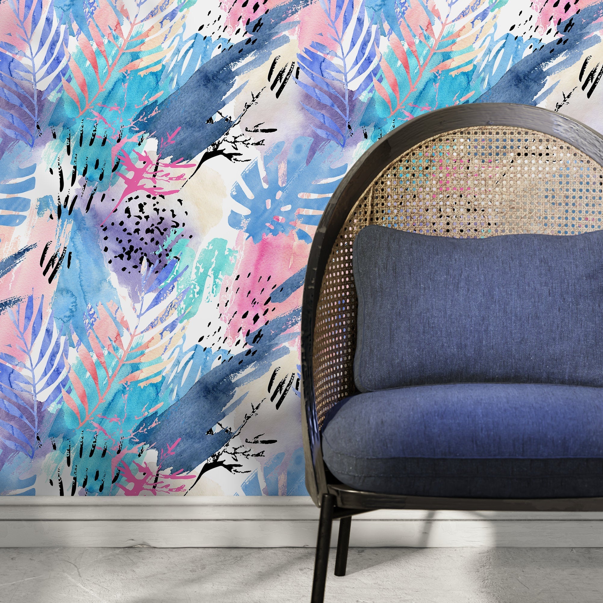 Abstract Wallpaper With Watercolor Tropical Leaves In Blue, Pink, And Purple - A965