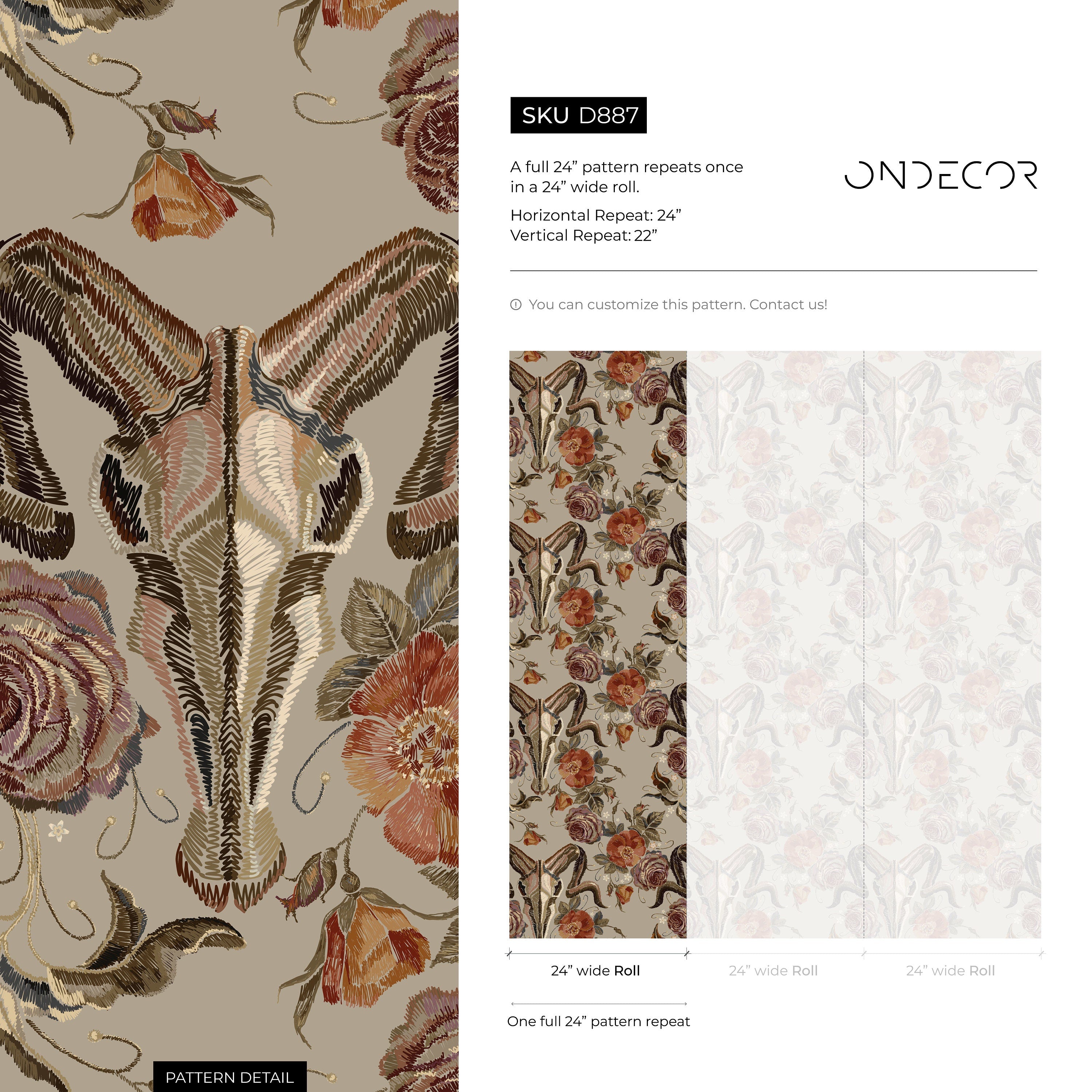 Gothic Wallpaper With An Embroidered Goat Skull In Rust And Brown - D887