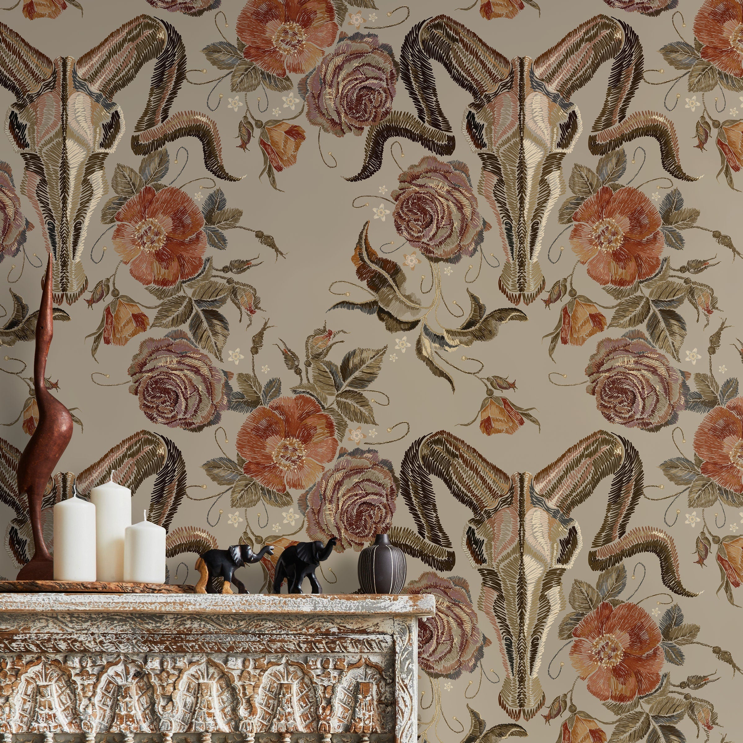 Gothic Wallpaper With An Embroidered Goat Skull In Rust And Brown - D887