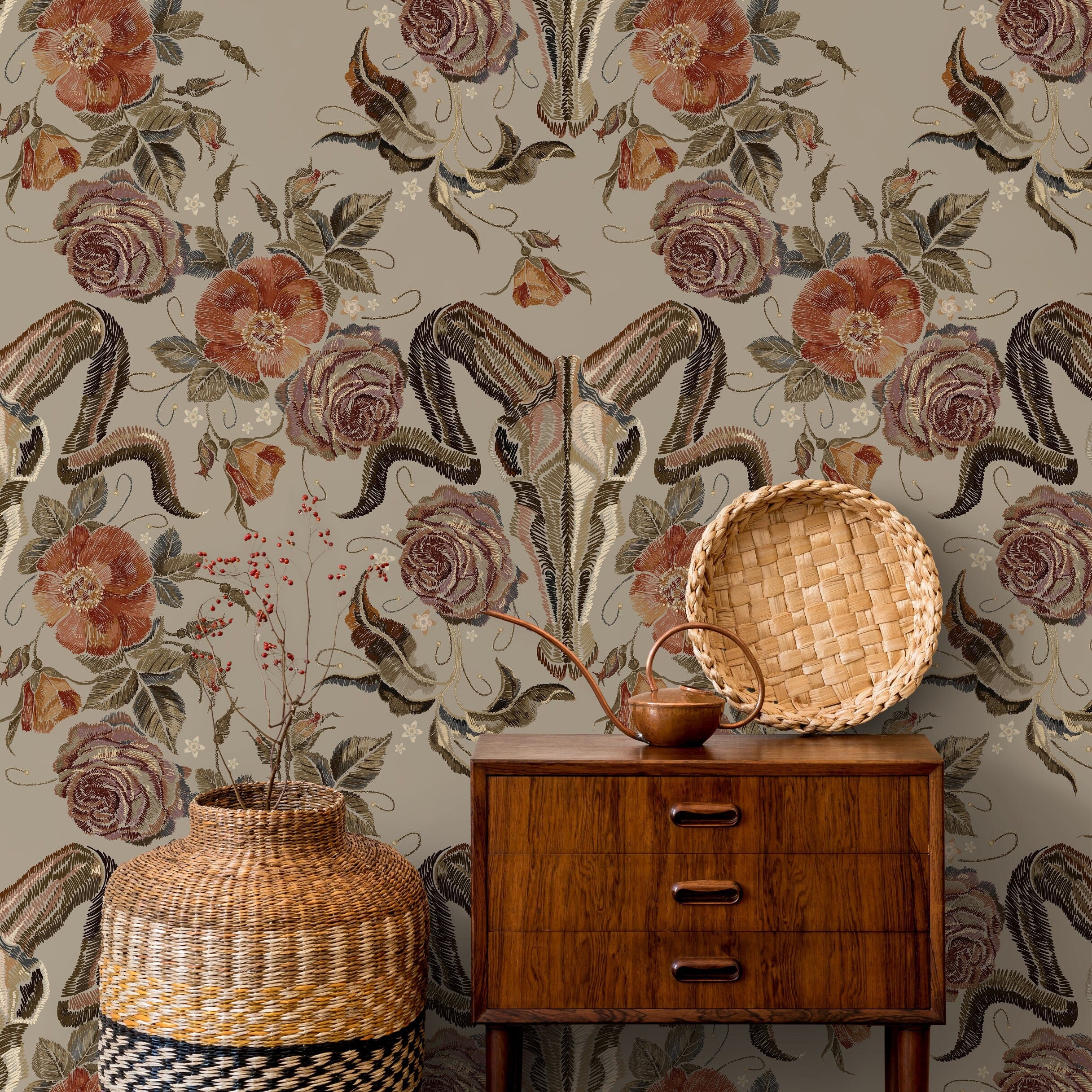 Gothic Wallpaper With An Embroidered Goat Skull In Rust And Brown - D887