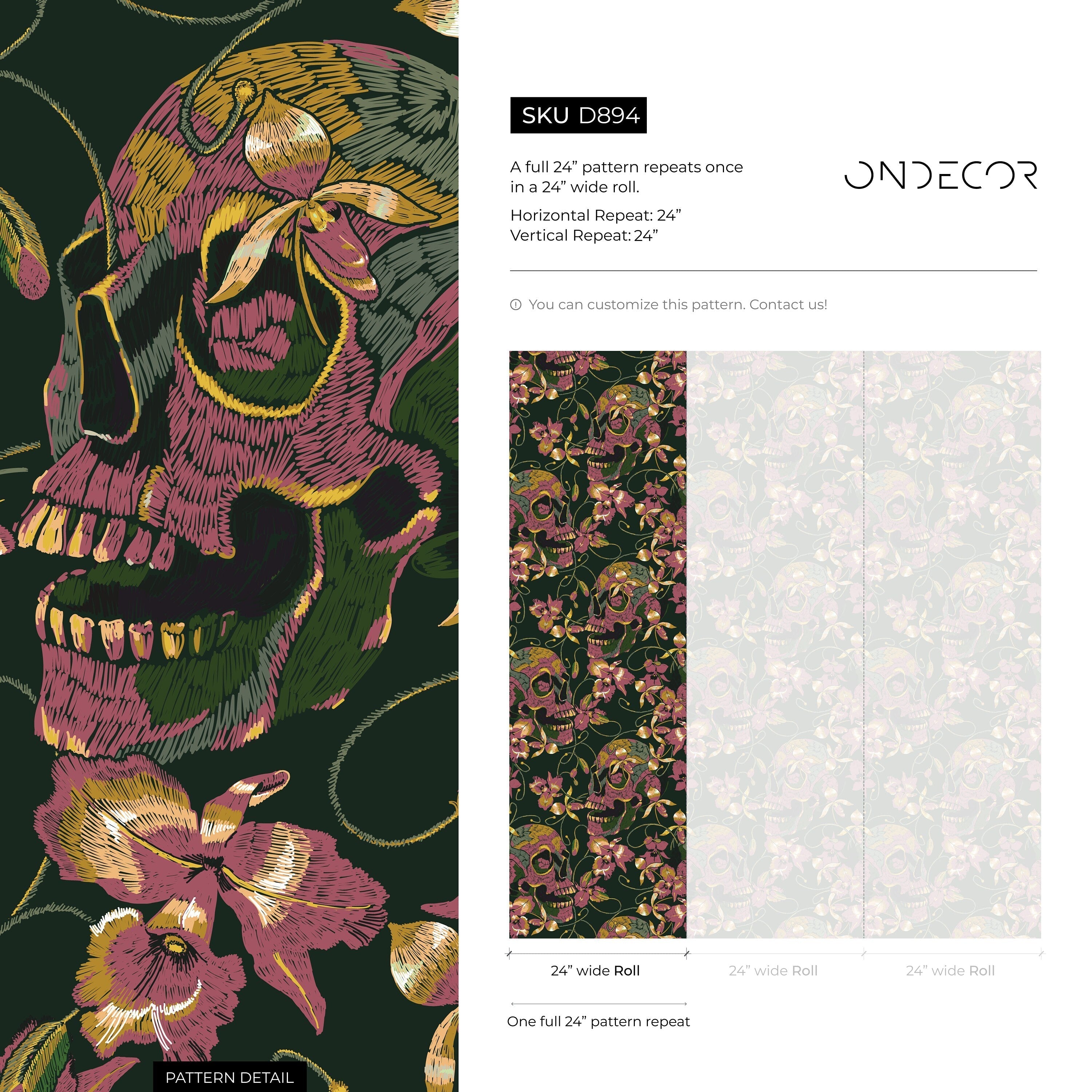 Gothic Wallpaper With An Embroidered Skull And Orchid Motif In Green, Pink, And Gold - D894