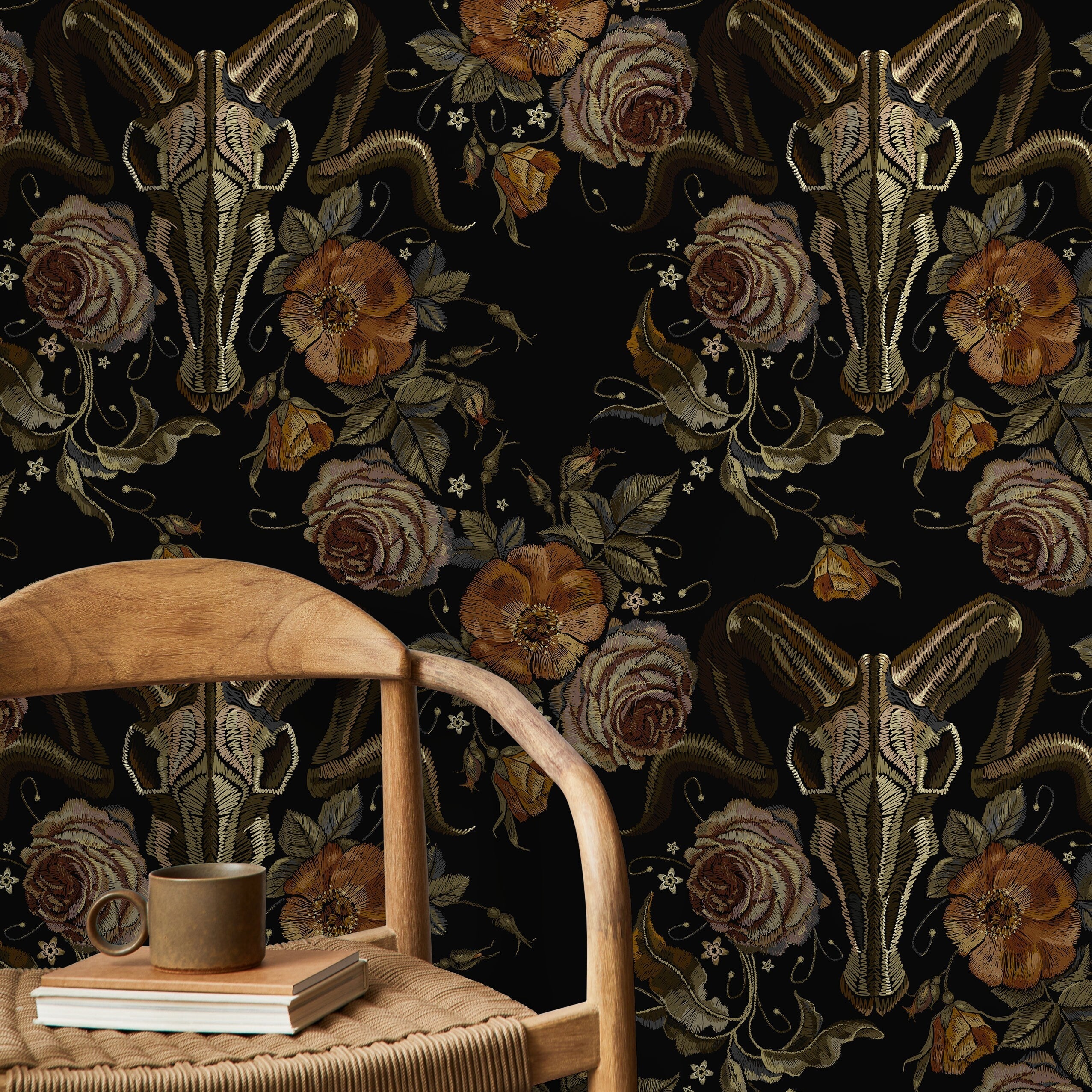 Gothic Wallpaper With Goat Skulls And Roses In Black And Brown - D888