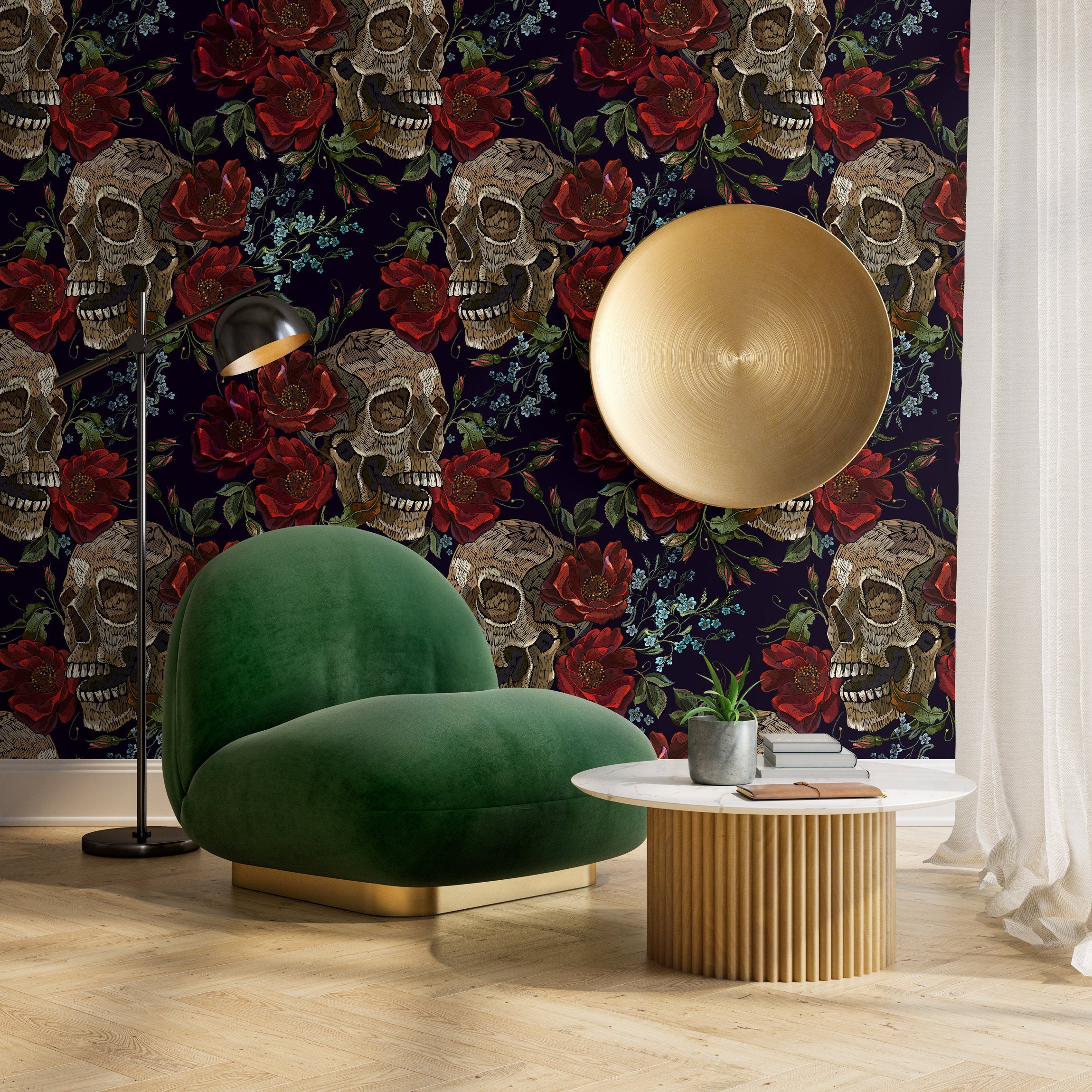 Gothic Wallpaper With An Embroidered Skull And Rose Motif In Red, Brown, And Black - D893