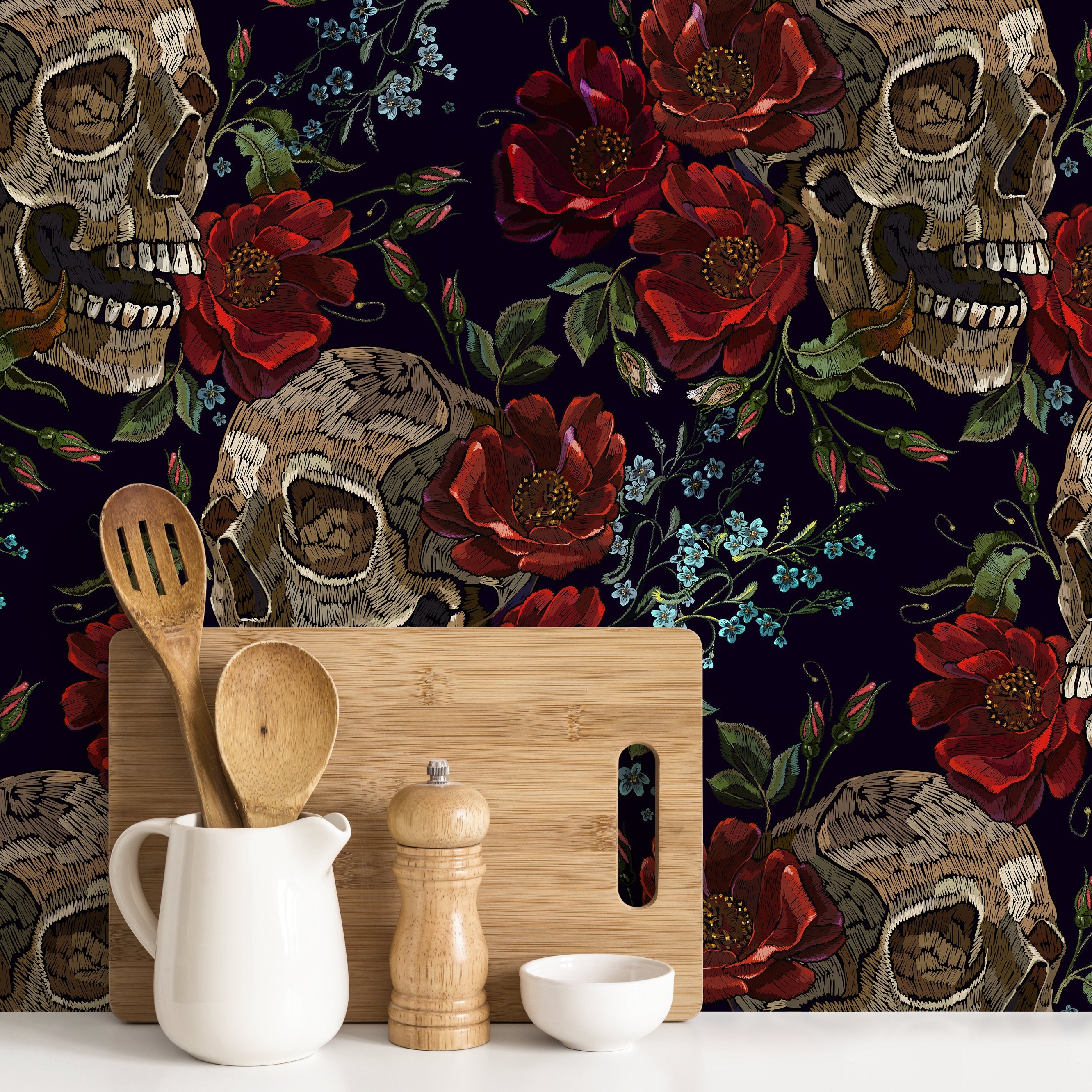 Gothic Wallpaper With An Embroidered Skull And Rose Motif In Red, Brown, And Black - D893