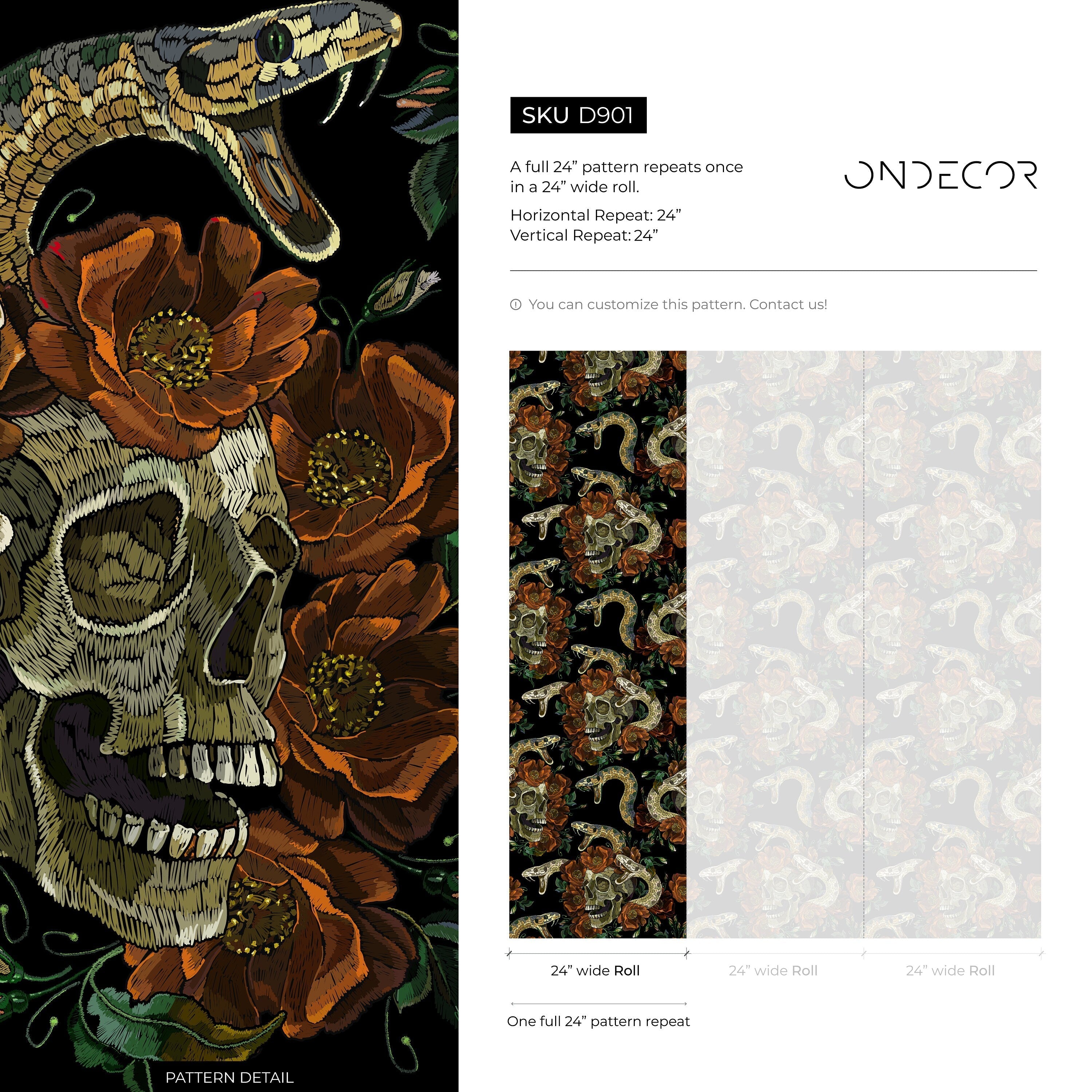 Gothic Floral Wallpaper With Skulls And Snakes In Black, Orange, And Green - D901