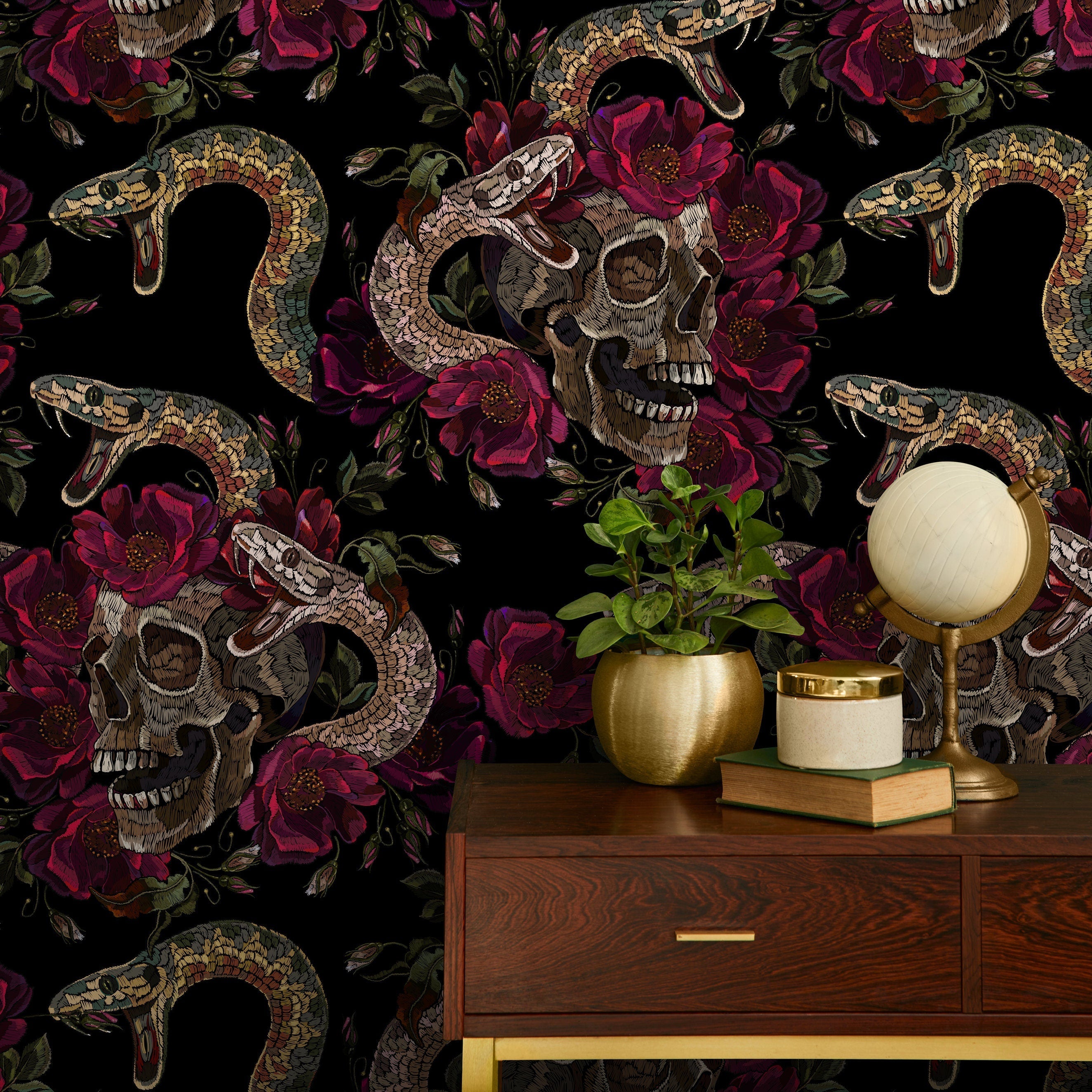 Maximalist Wallpaper With Embroidered Skulls And Snakes In Red, Brown, And Black - D903