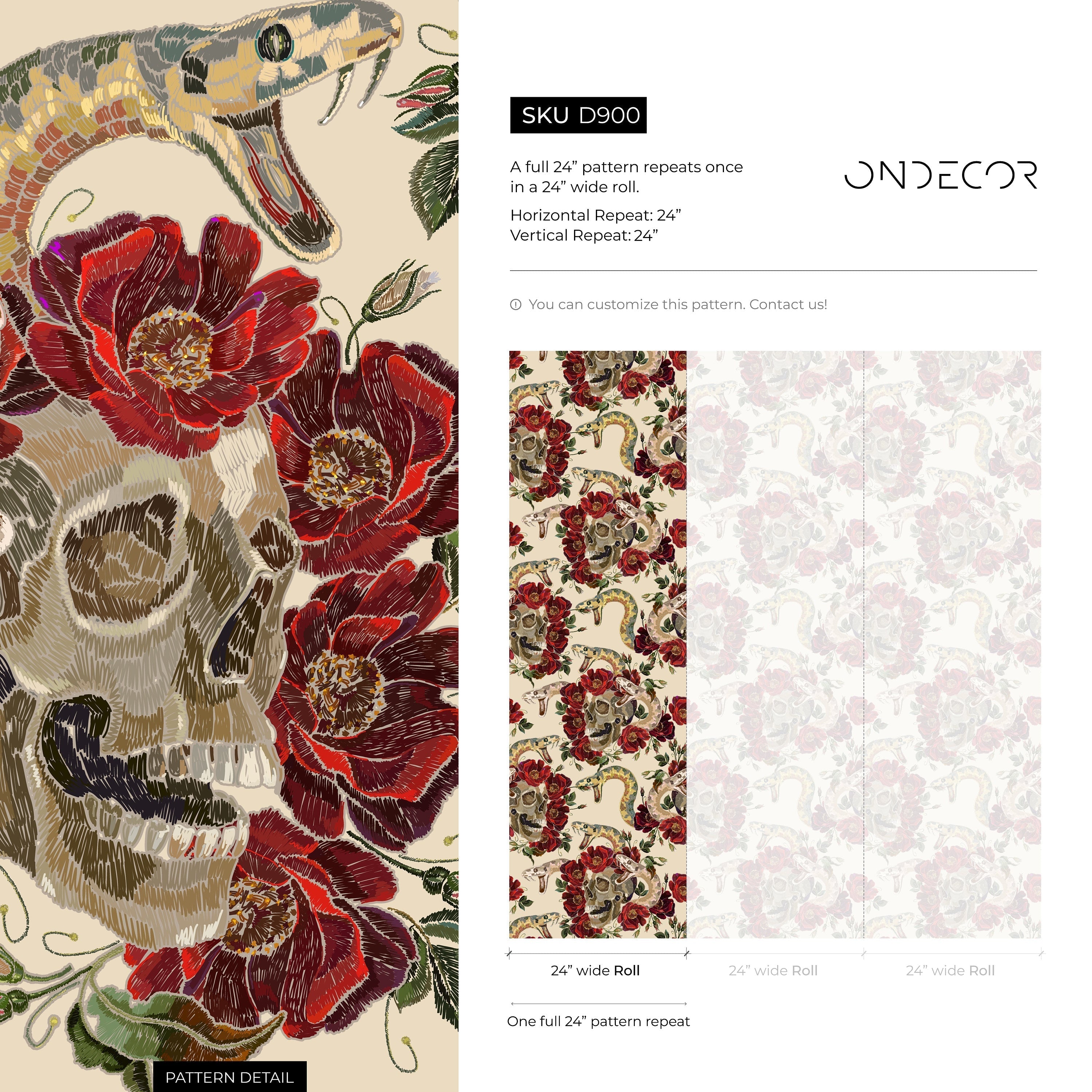 Gothic Wallpaper With An Embroidered Skull And Snake Motif In Red, Brown, And Beige - D900