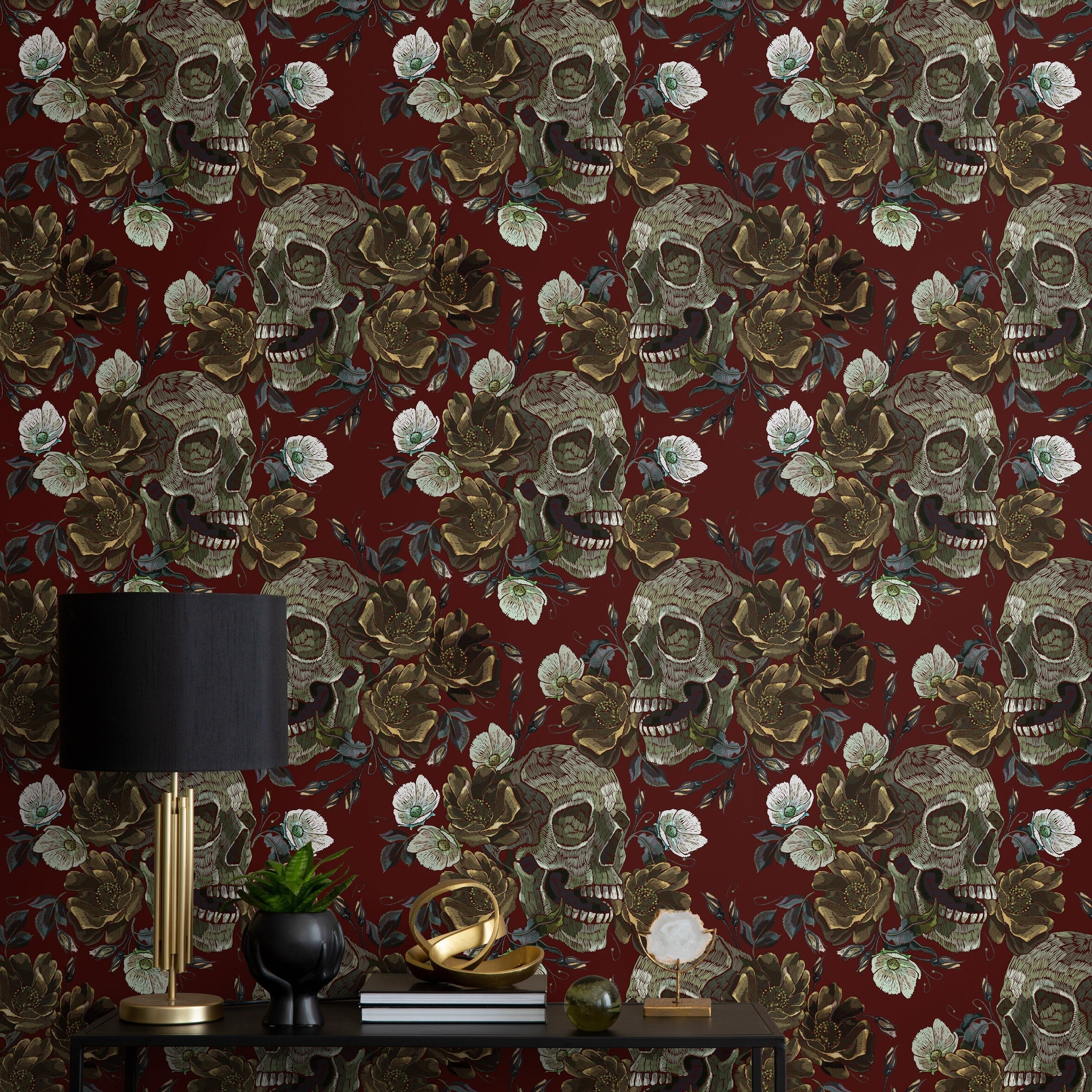 Gothic Wallpaper With Embroidered Skulls And Roses In Red, Green, And Gray - D909
