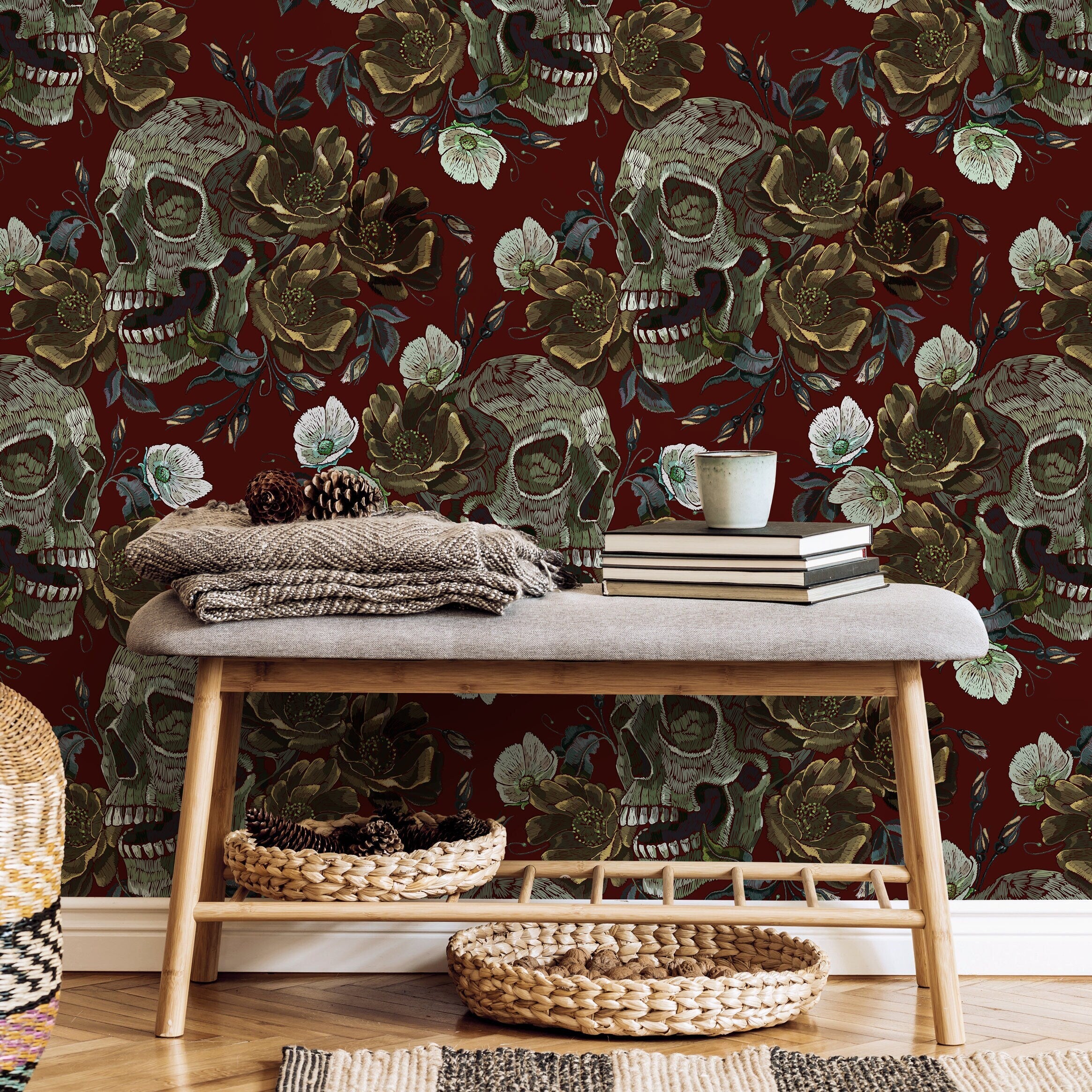 Gothic Wallpaper With Embroidered Skulls And Roses In Red, Green, And Gray - D909