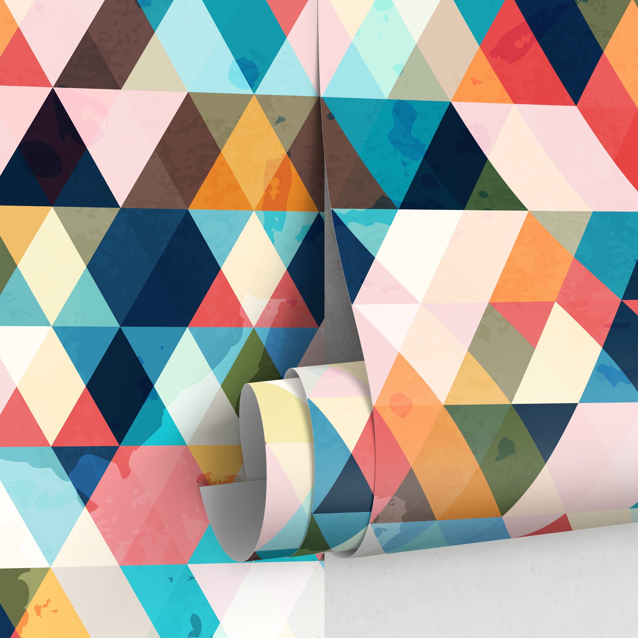 Geometric Wallpaper With A Watercolor Triangle Mosaic In Blue, Red, And Orange - A153
