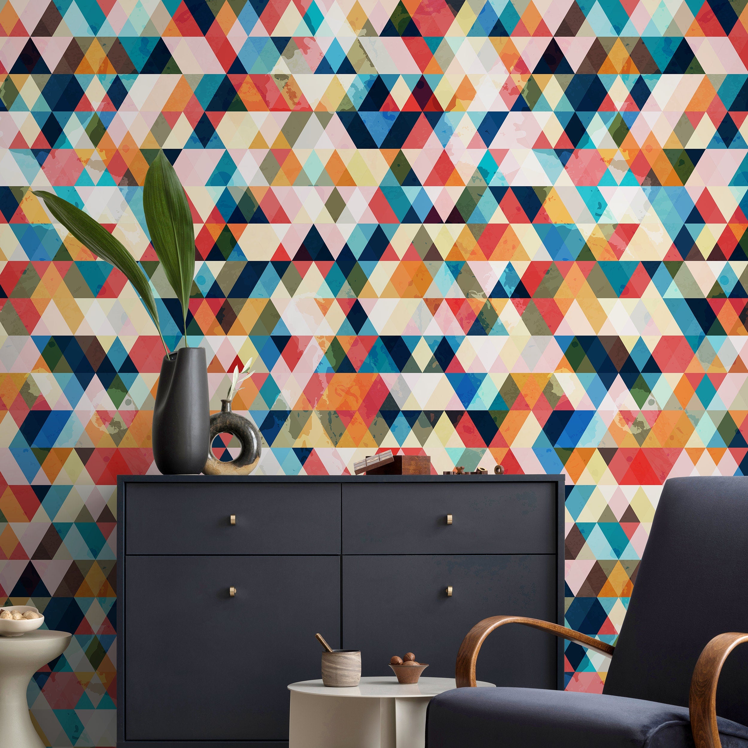 Geometric Wallpaper With A Watercolor Triangle Mosaic In Blue, Red, And Orange - A153