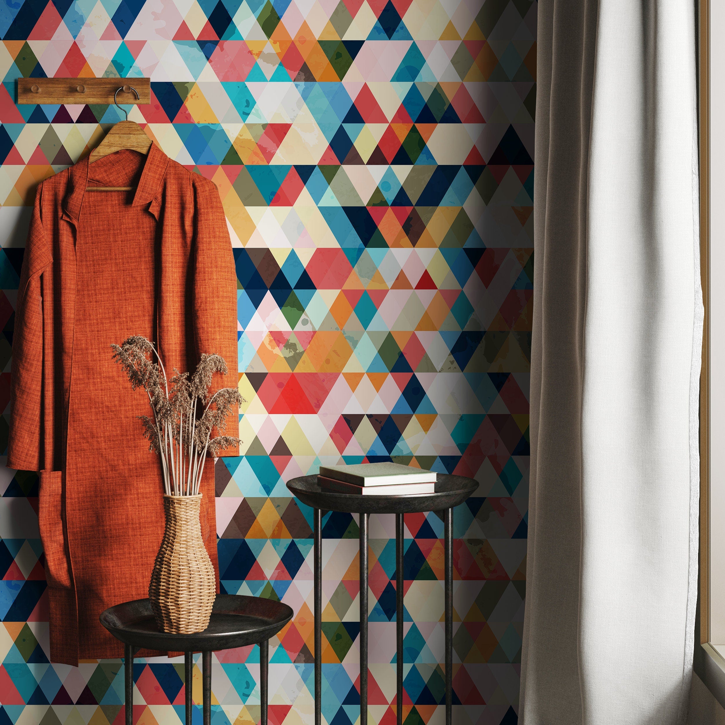 Geometric Wallpaper With A Watercolor Triangle Mosaic In Blue, Red, And Orange - A153