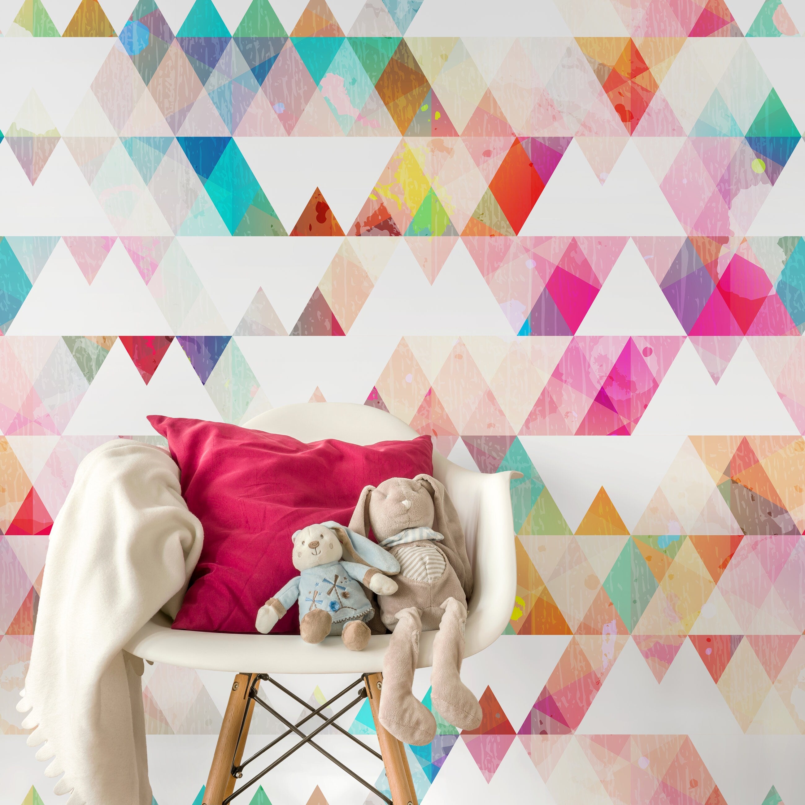 Geometric Wallpaper With Watercolor Triangles In Pink, Teal, And Yellow - A154