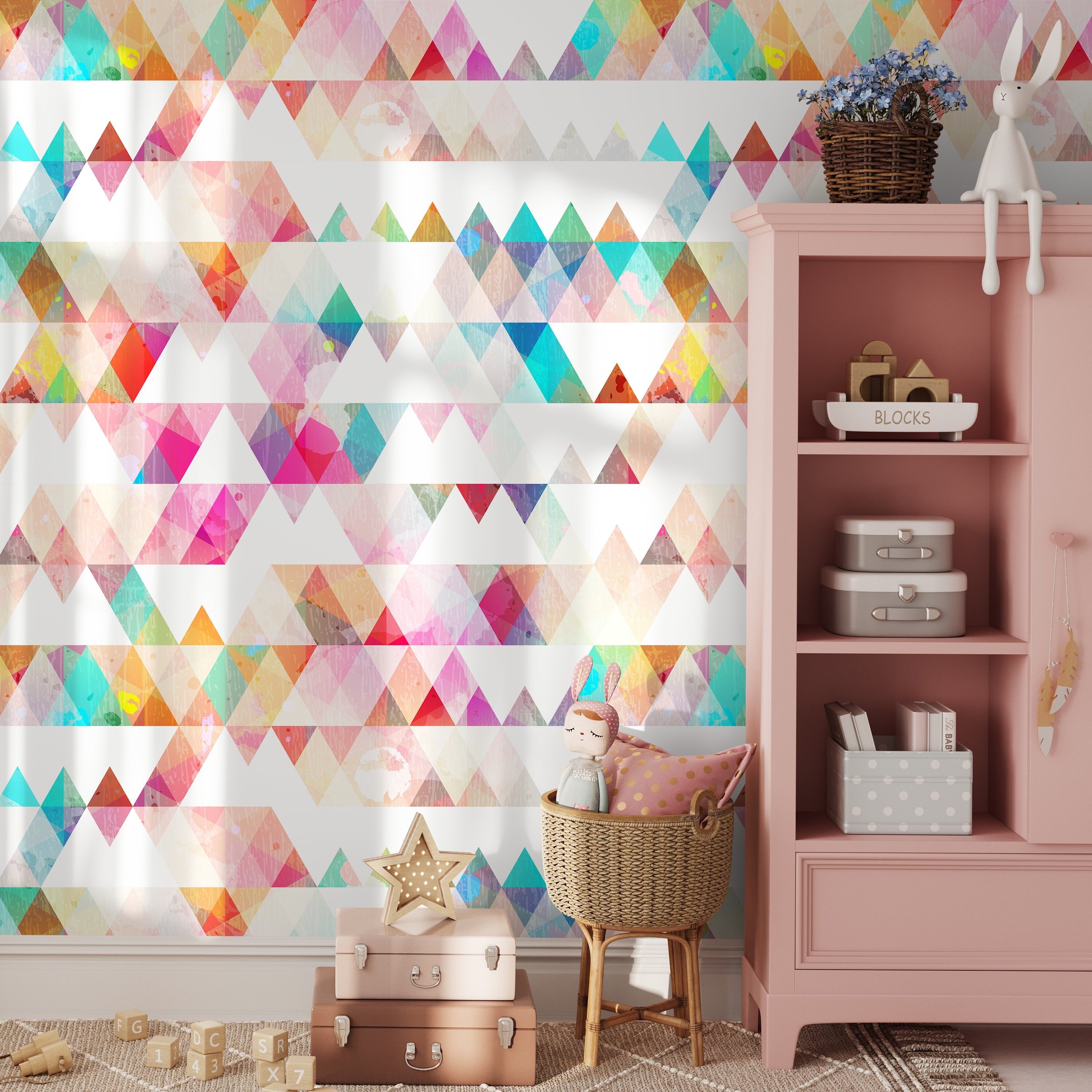 Geometric Wallpaper With Watercolor Triangles In Pink, Teal, And Yellow - A154