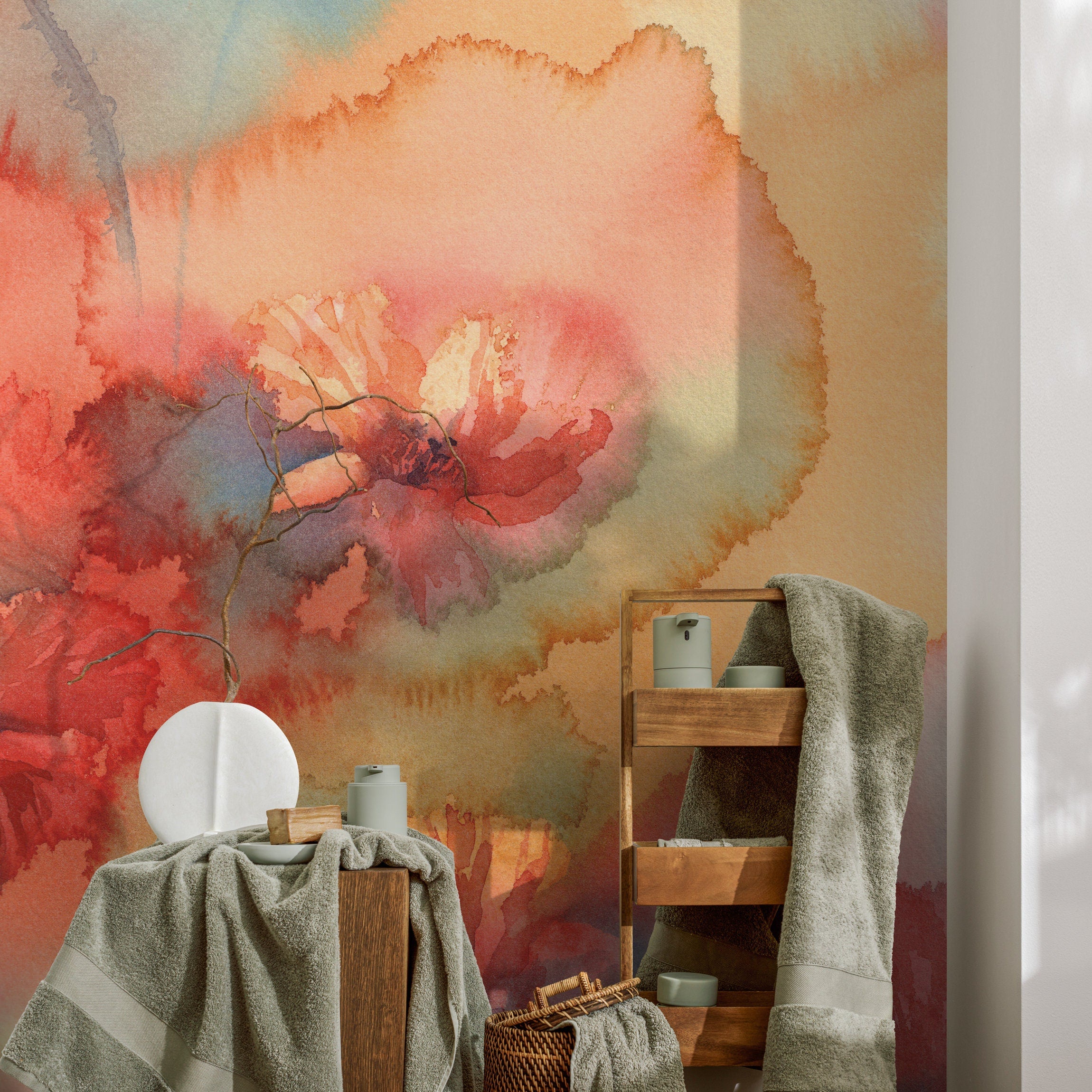 Watercolor Wallpaper With A Vibrant Poppy Motif In Red, Orange, And Blue - A162