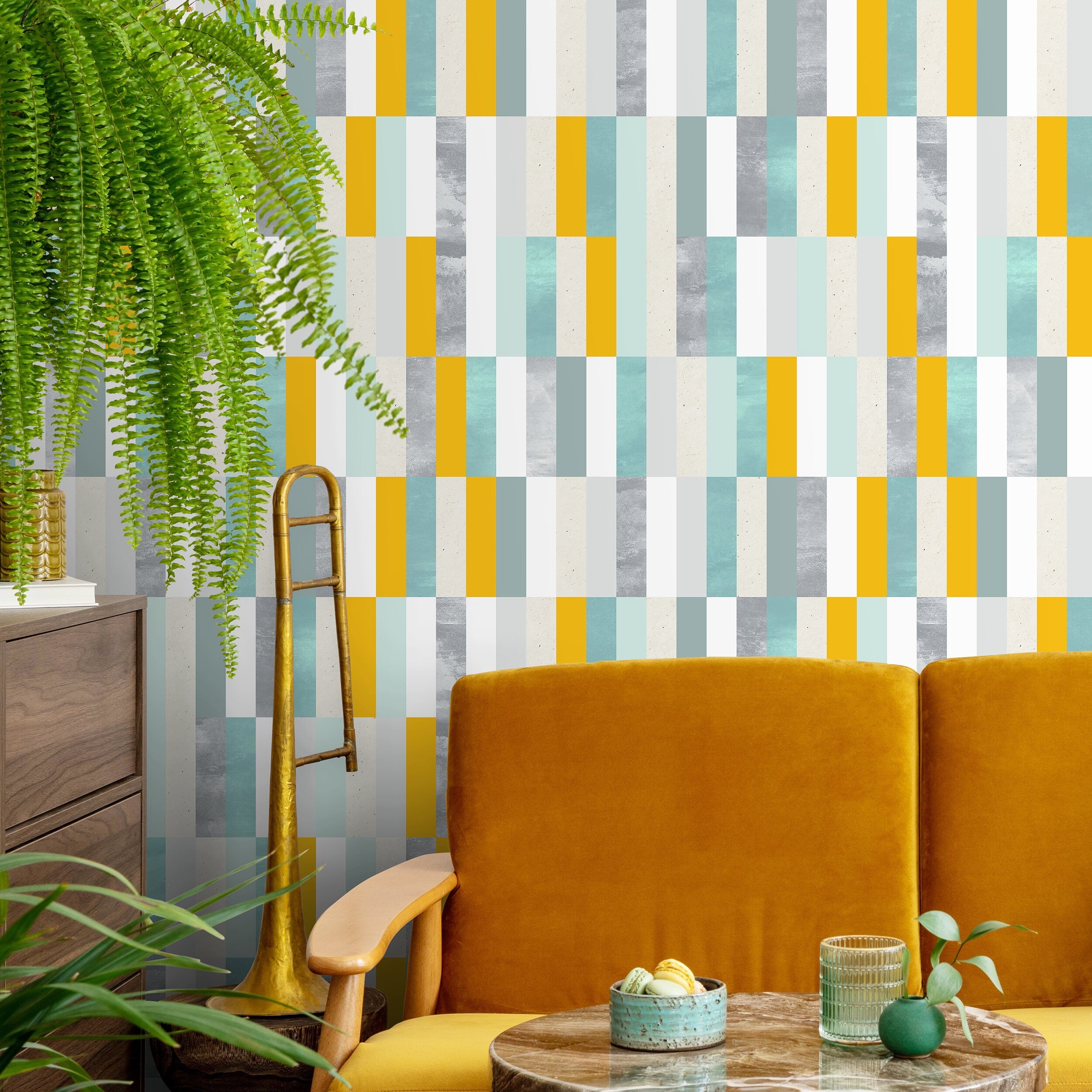 Geometric Wallpaper With Textured Vertical Stripes In Yellow, Blue, And Gray - A177