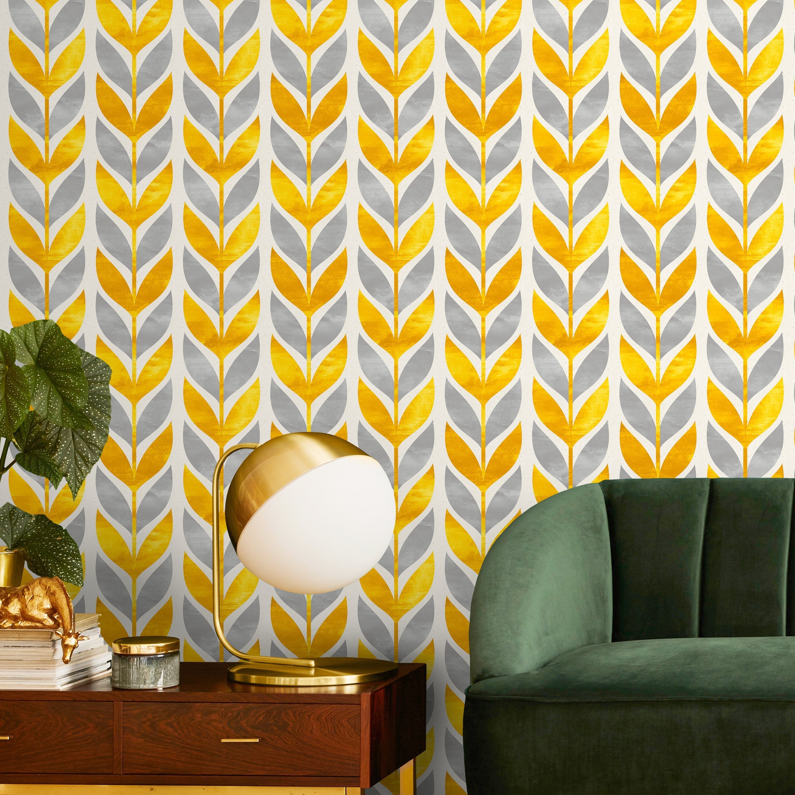 Scandinavian Wallpaper With A Stylized Leaf Motif In Yellow And Grey - A179