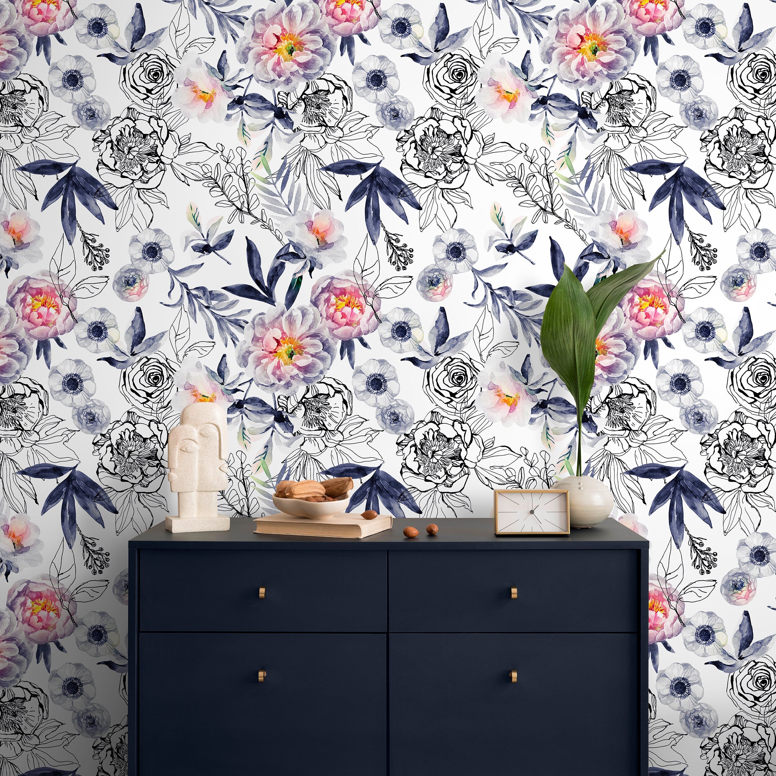 Floral Wallpaper With Watercolor And Sketch Peonies In Blue, Pink, And Black - A190