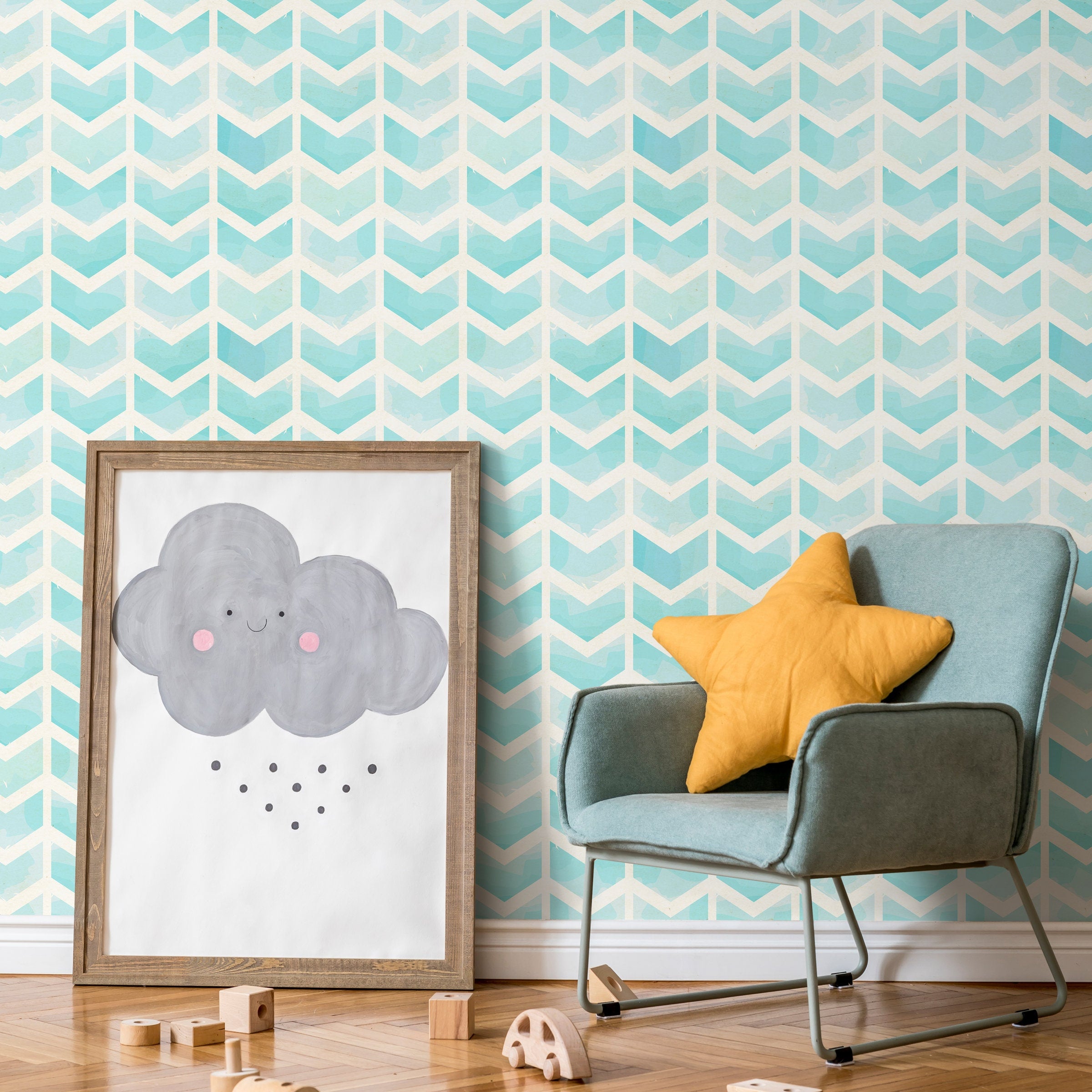 Herringbone Wallpaper With A Watercolor Chevron Motif In Blue And Cream - A297