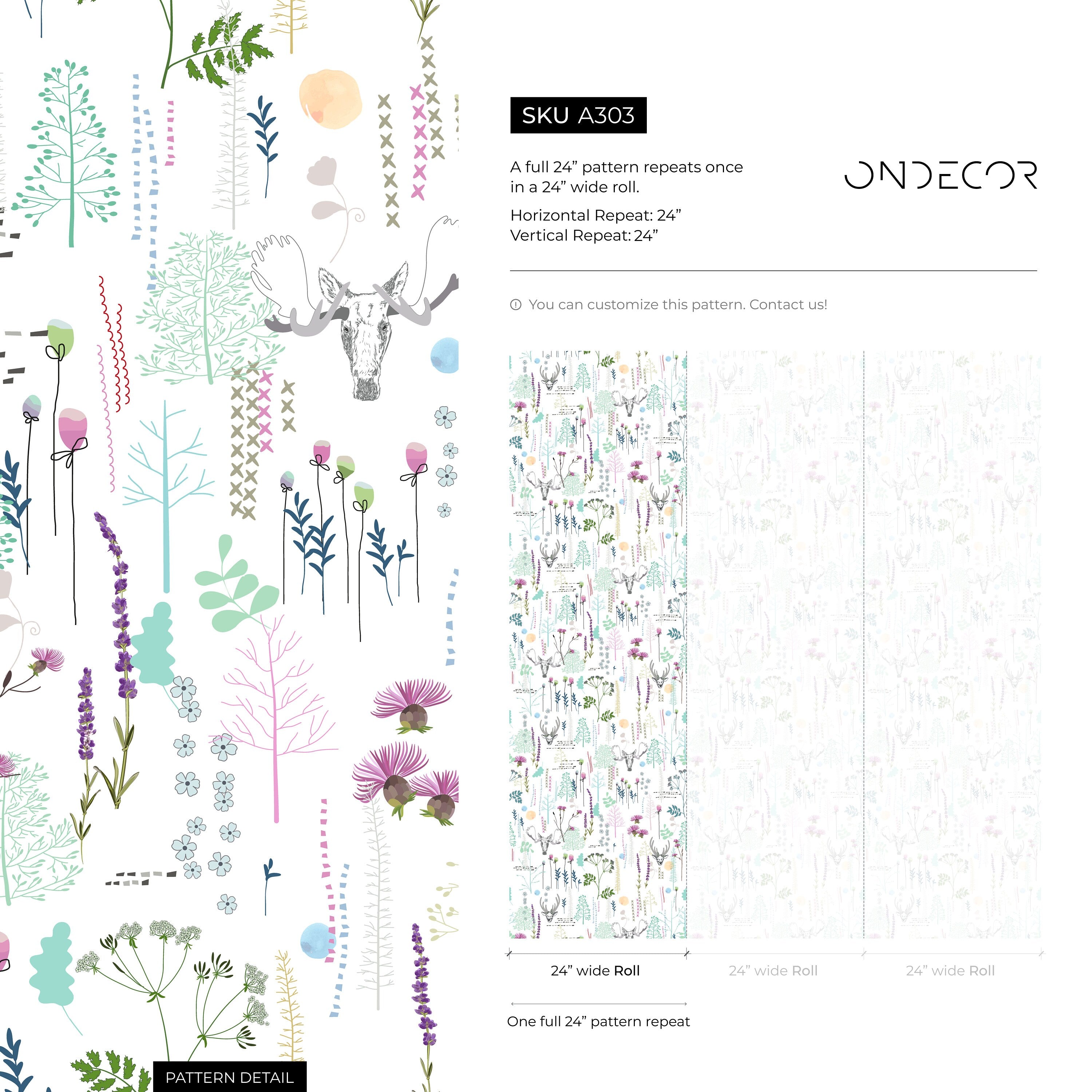 Floral Wallpaper With A Whimsical Deer Motif In Green And Purple - A303