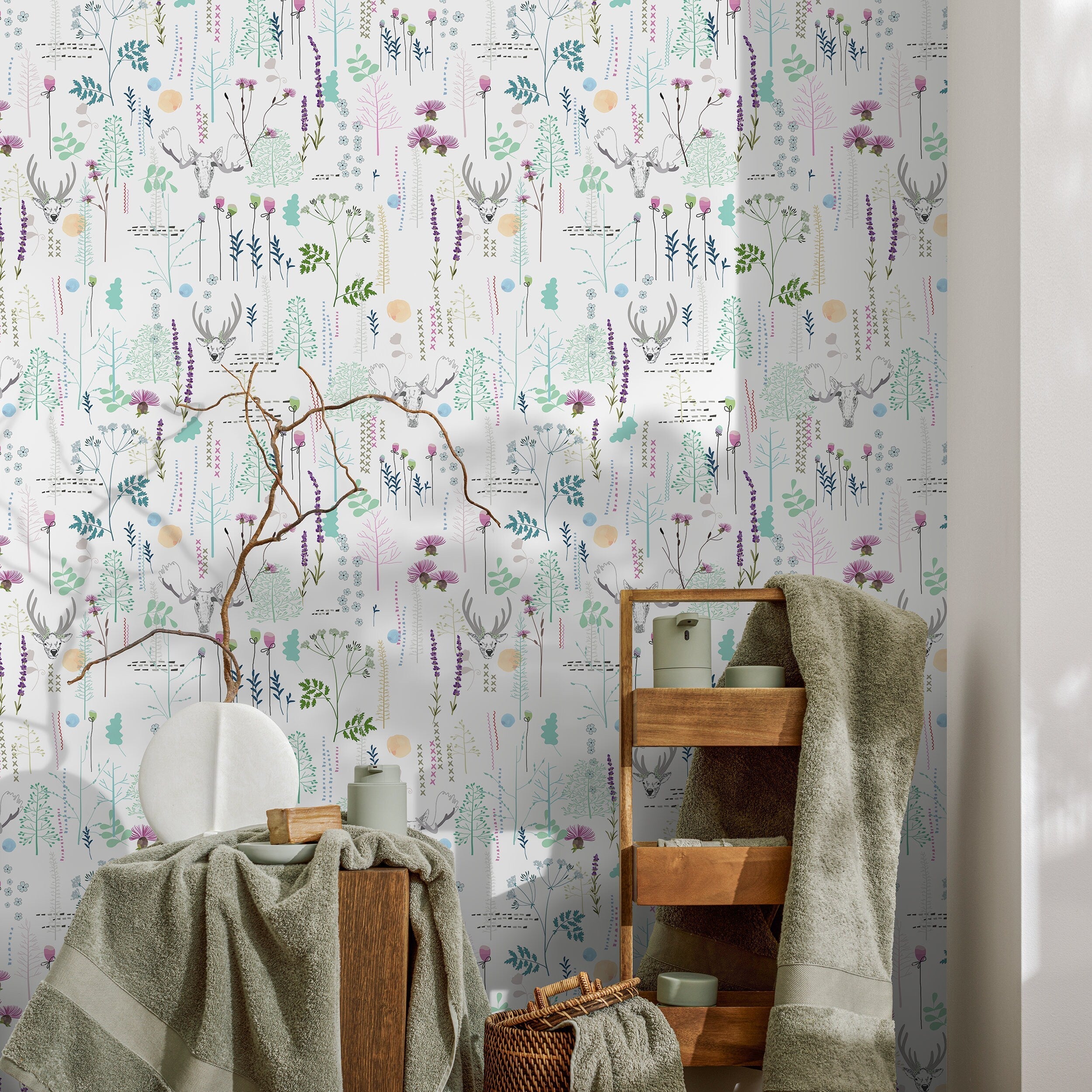 Floral Wallpaper With A Whimsical Deer Motif In Green And Purple - A303