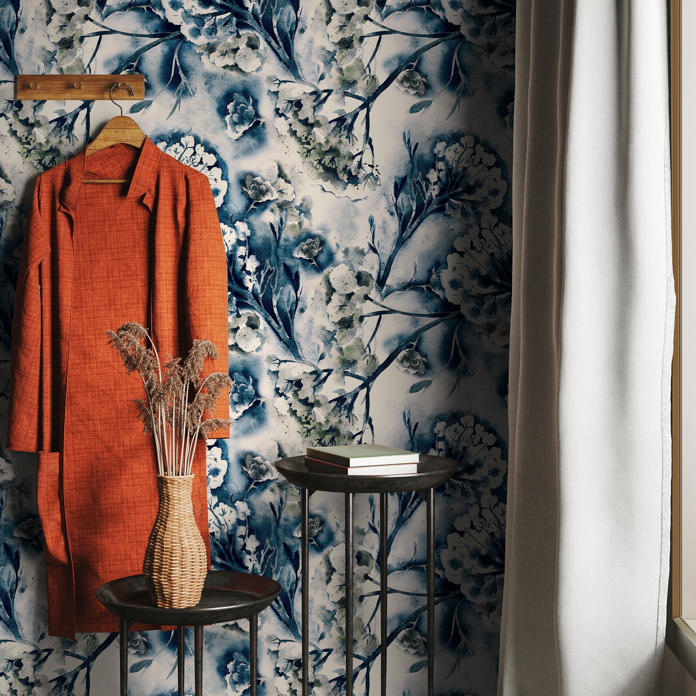 Floral Wallpaper With A Watercolor Blossom Motif In Blue And Green - A306