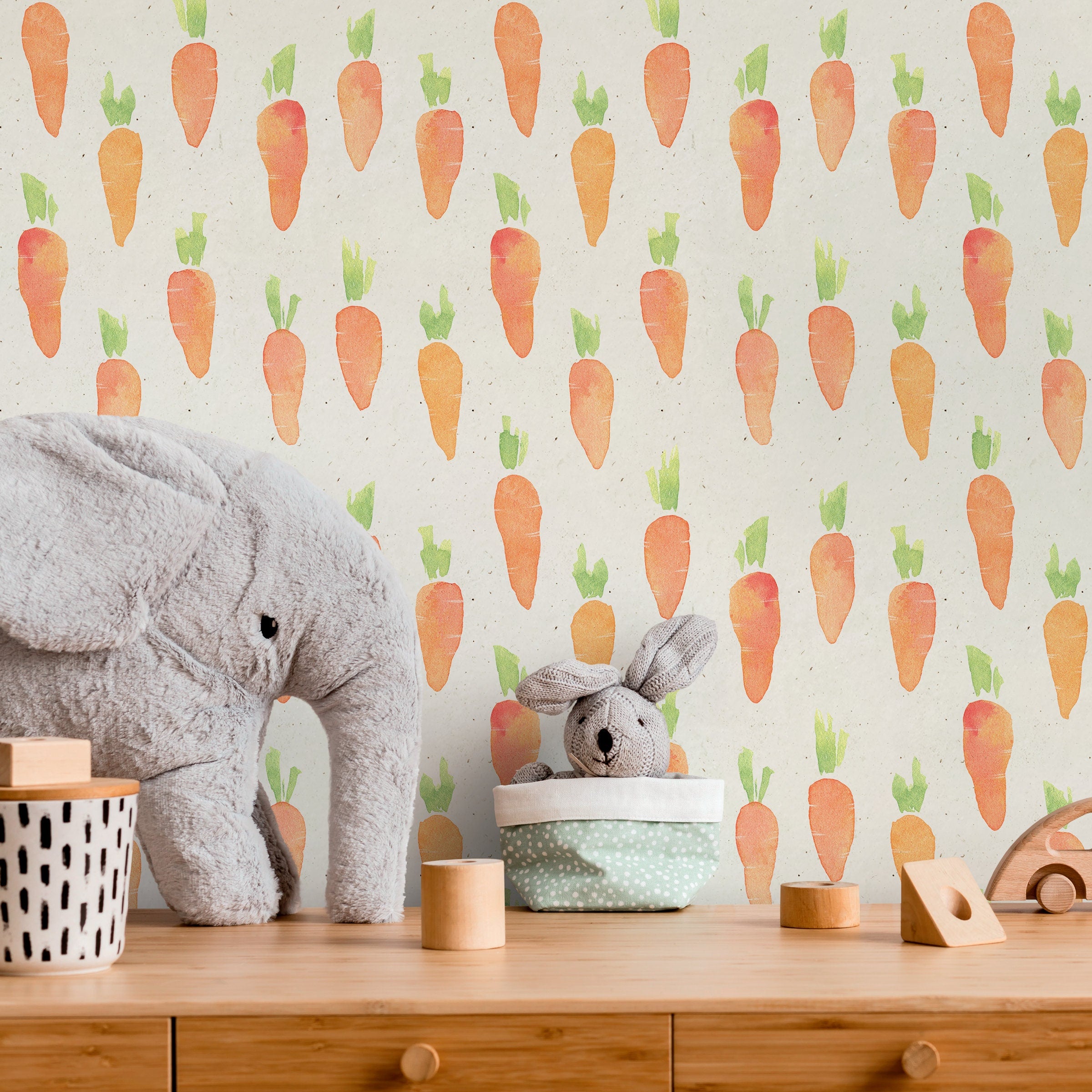 Kids Wallpaper With A Watercolor Carrot Pattern In Orange And Green - A312