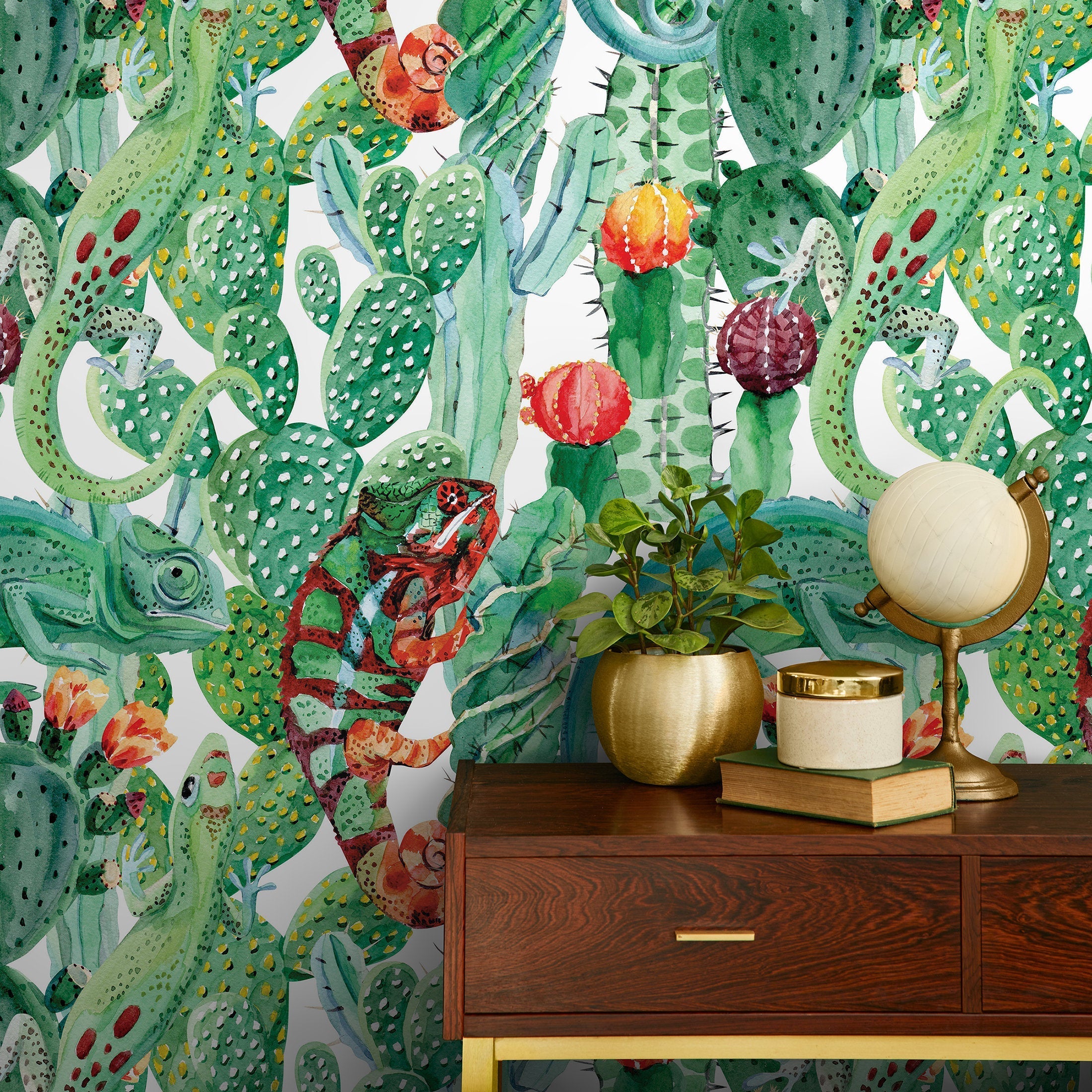Tropical Wallpaper Featuring Chameleons And Cacti In Green, Orange, And Red - A315