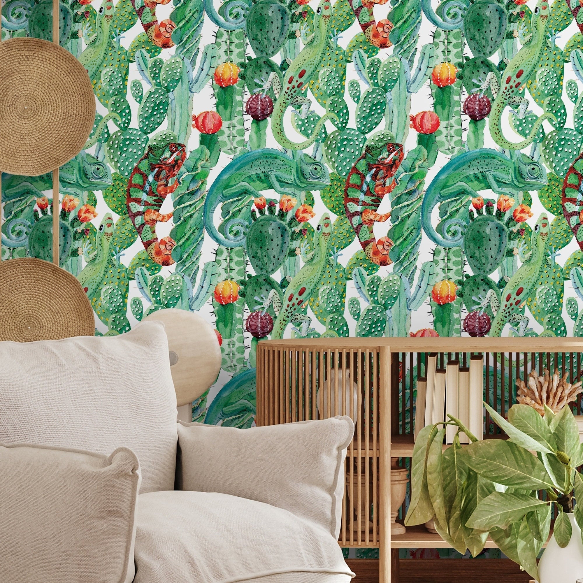 Tropical Wallpaper Featuring Chameleons And Cacti In Green, Orange, And Red - A315