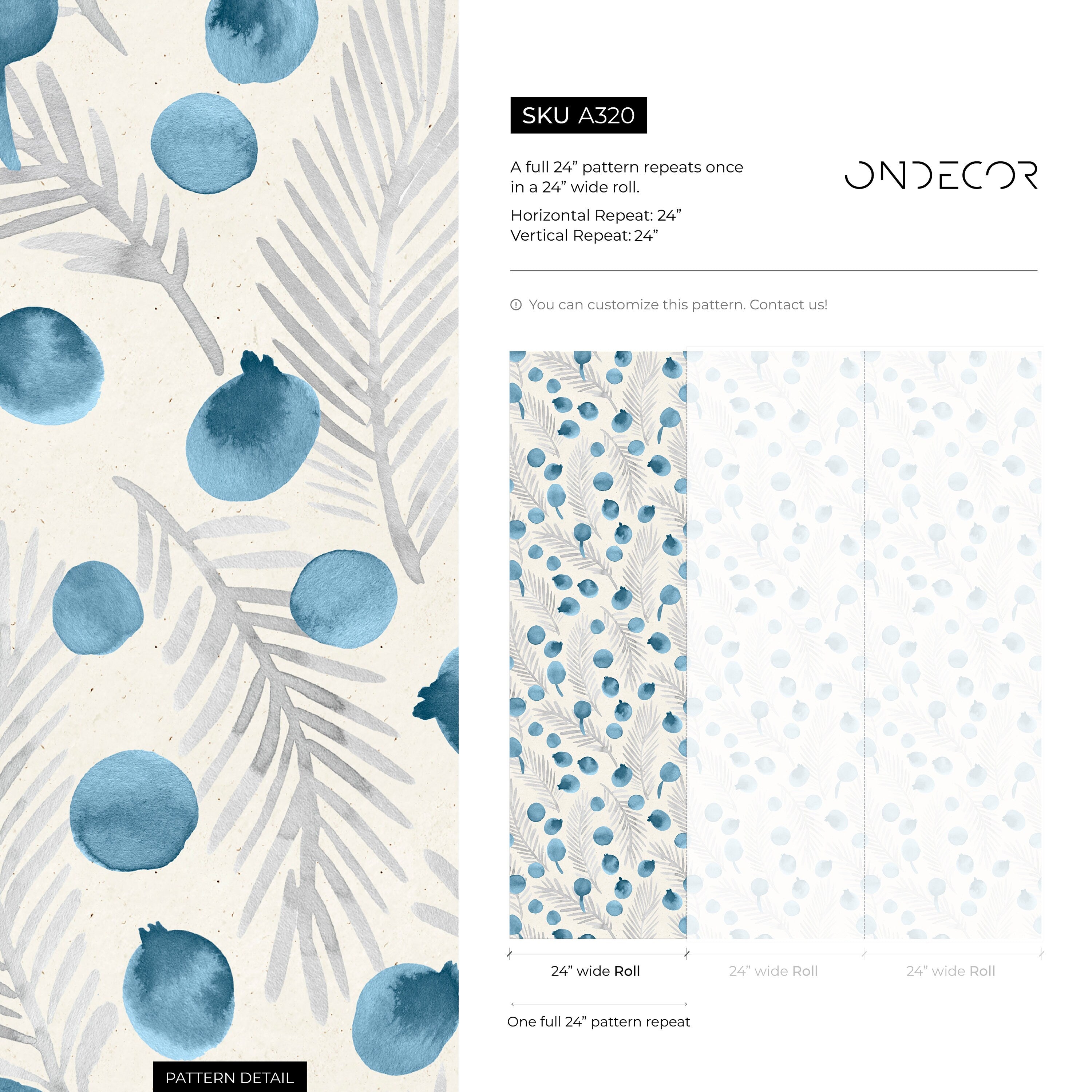 Botanical Wallpaper With Watercolor Berries And Leaves In Blue And Gray - A320