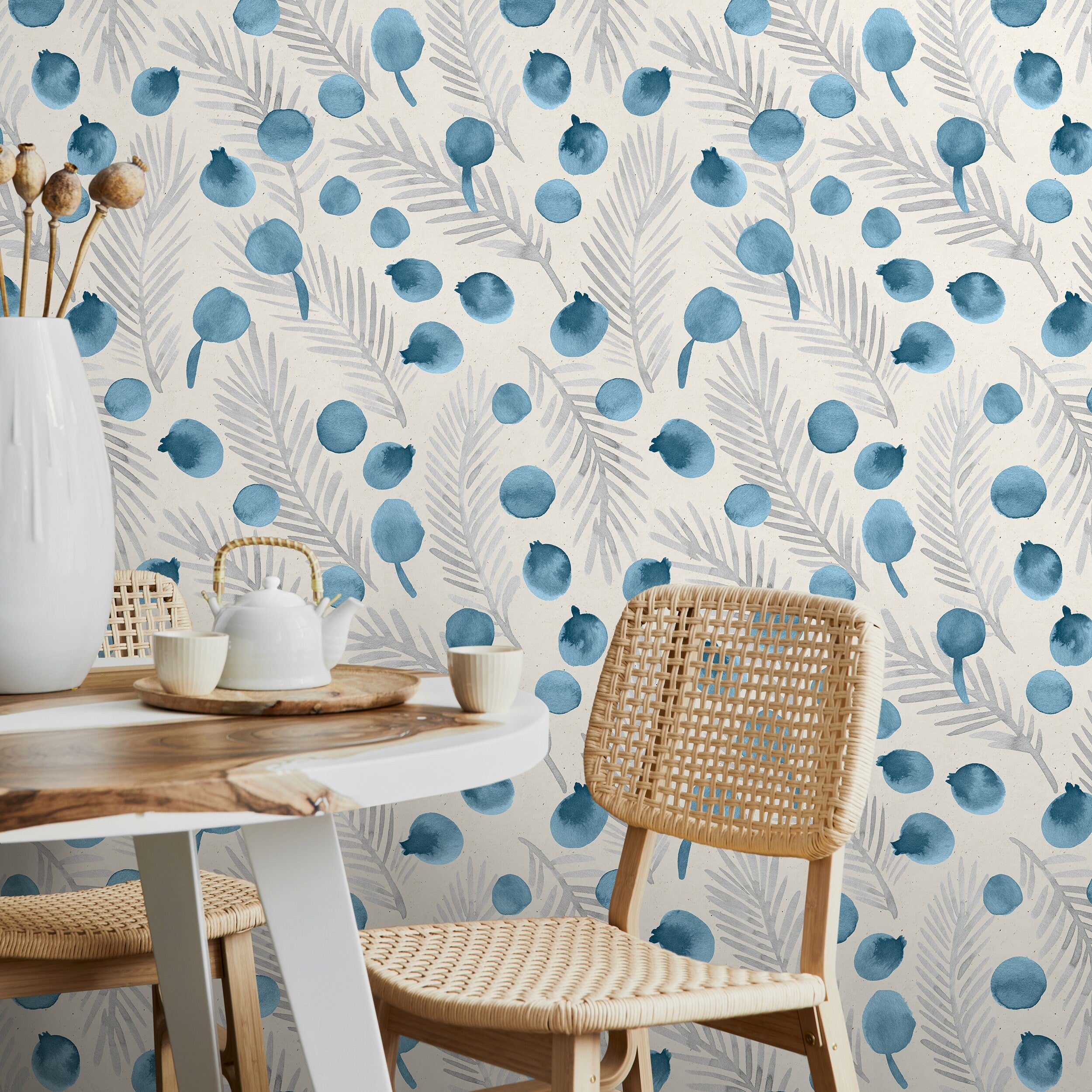 Botanical Wallpaper With Watercolor Berries And Leaves In Blue And Gray - A320