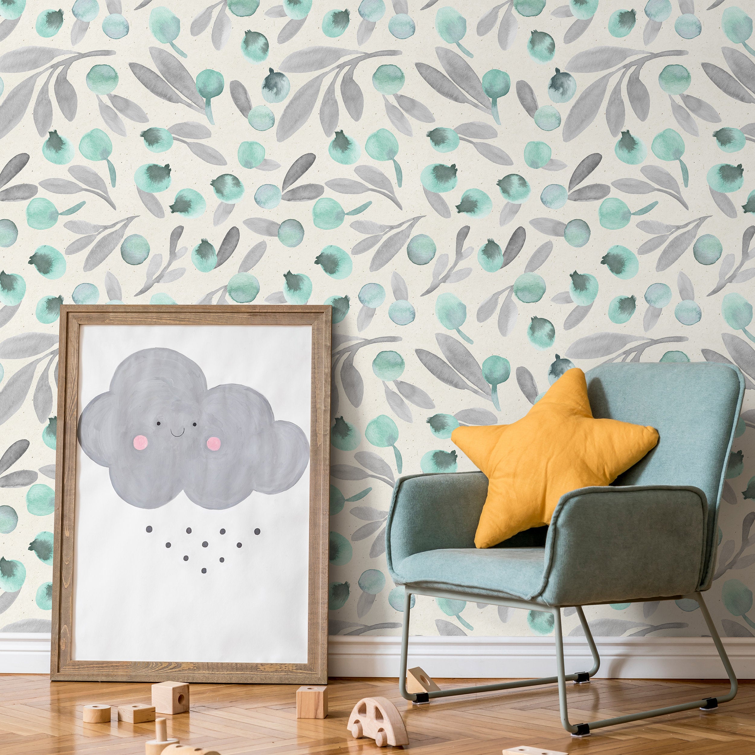 Botanical Wallpaper With A Watercolor Berry Motif In Mint Green And Gray - A321