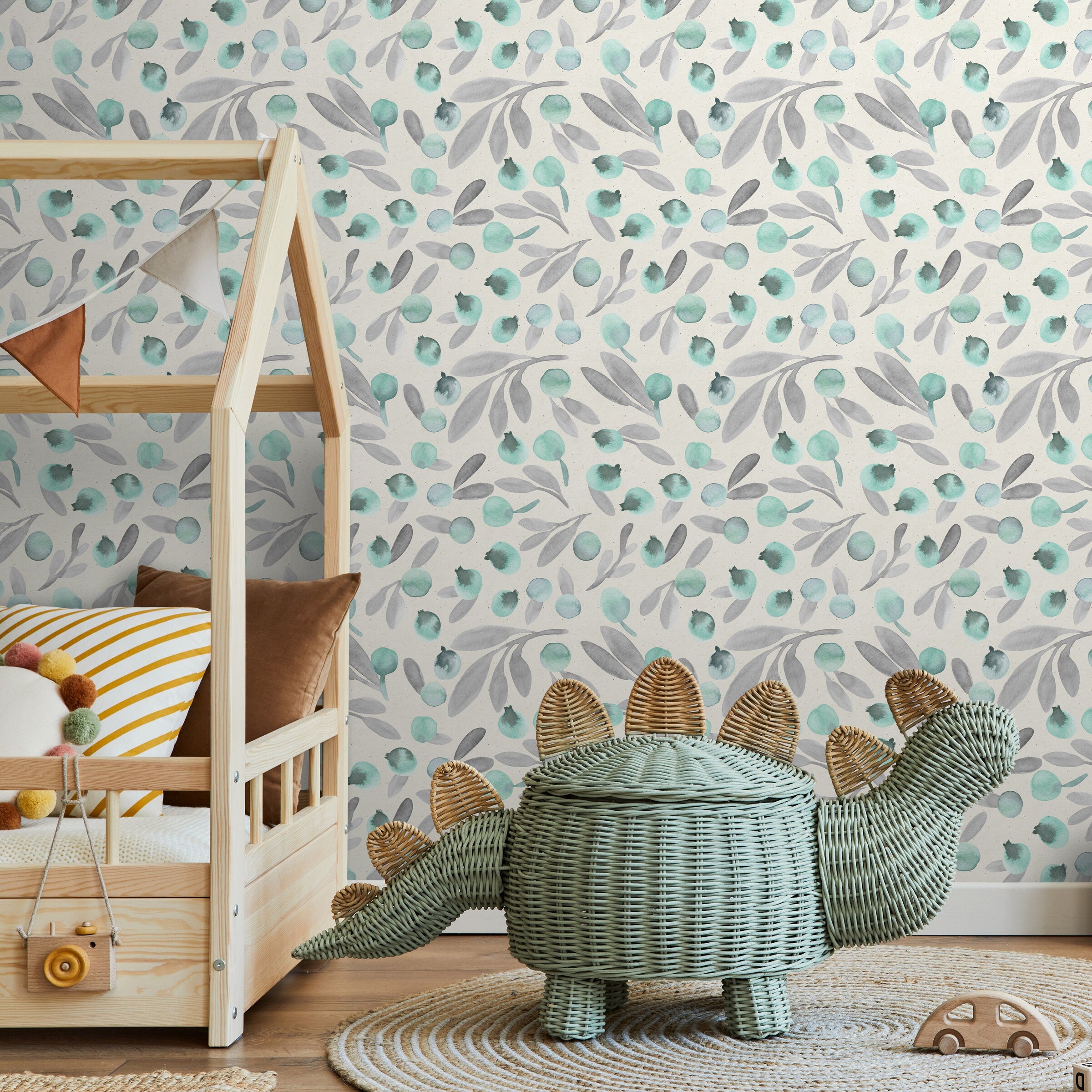 Botanical Wallpaper With A Watercolor Berry Motif In Mint Green And Gray - A321