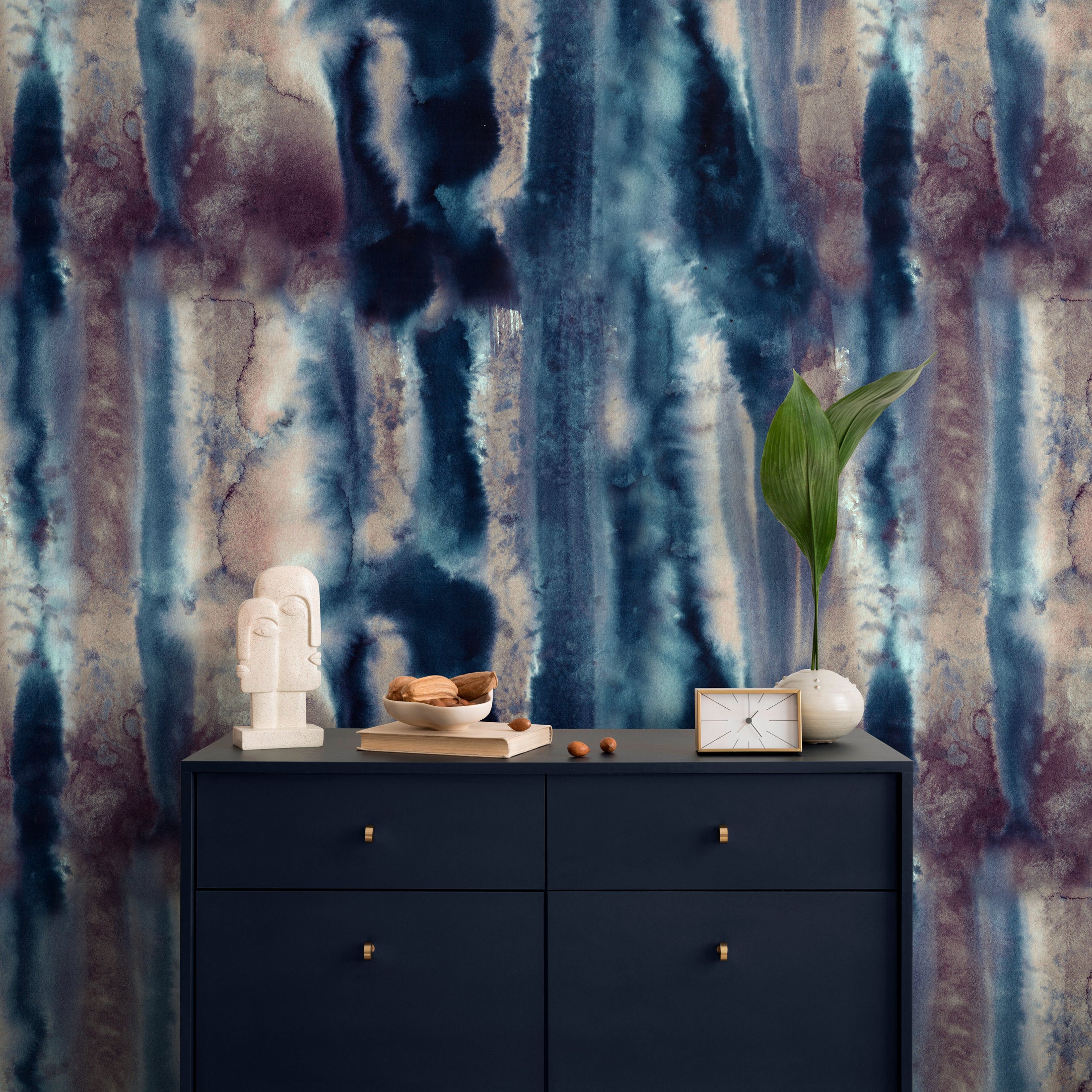 Abstract Wallpaper With A Vertical Watercolor Wash In Navy Blue, Brown, And Taupe - A405