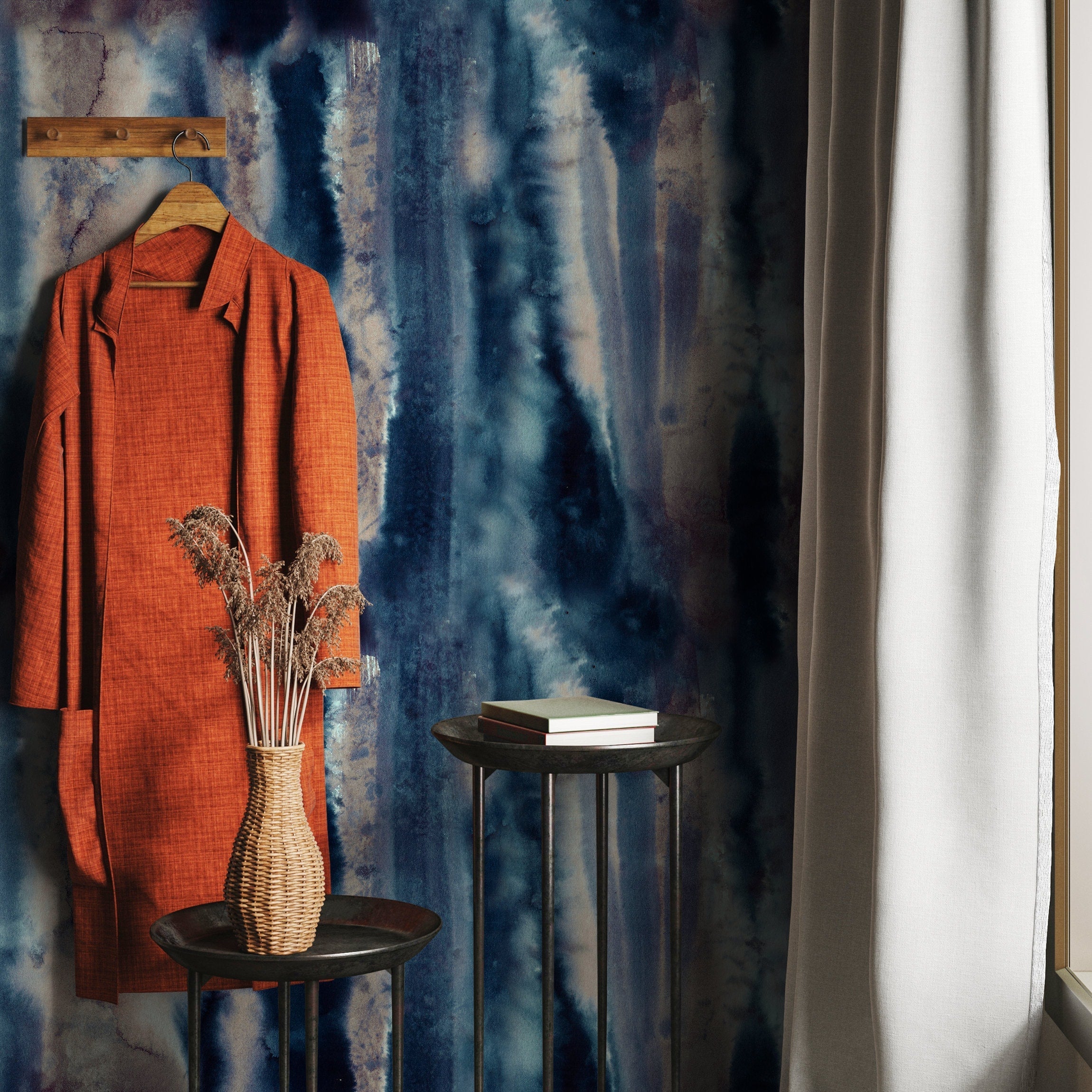 Abstract Wallpaper With A Vertical Watercolor Wash In Navy Blue, Brown, And Taupe - A405