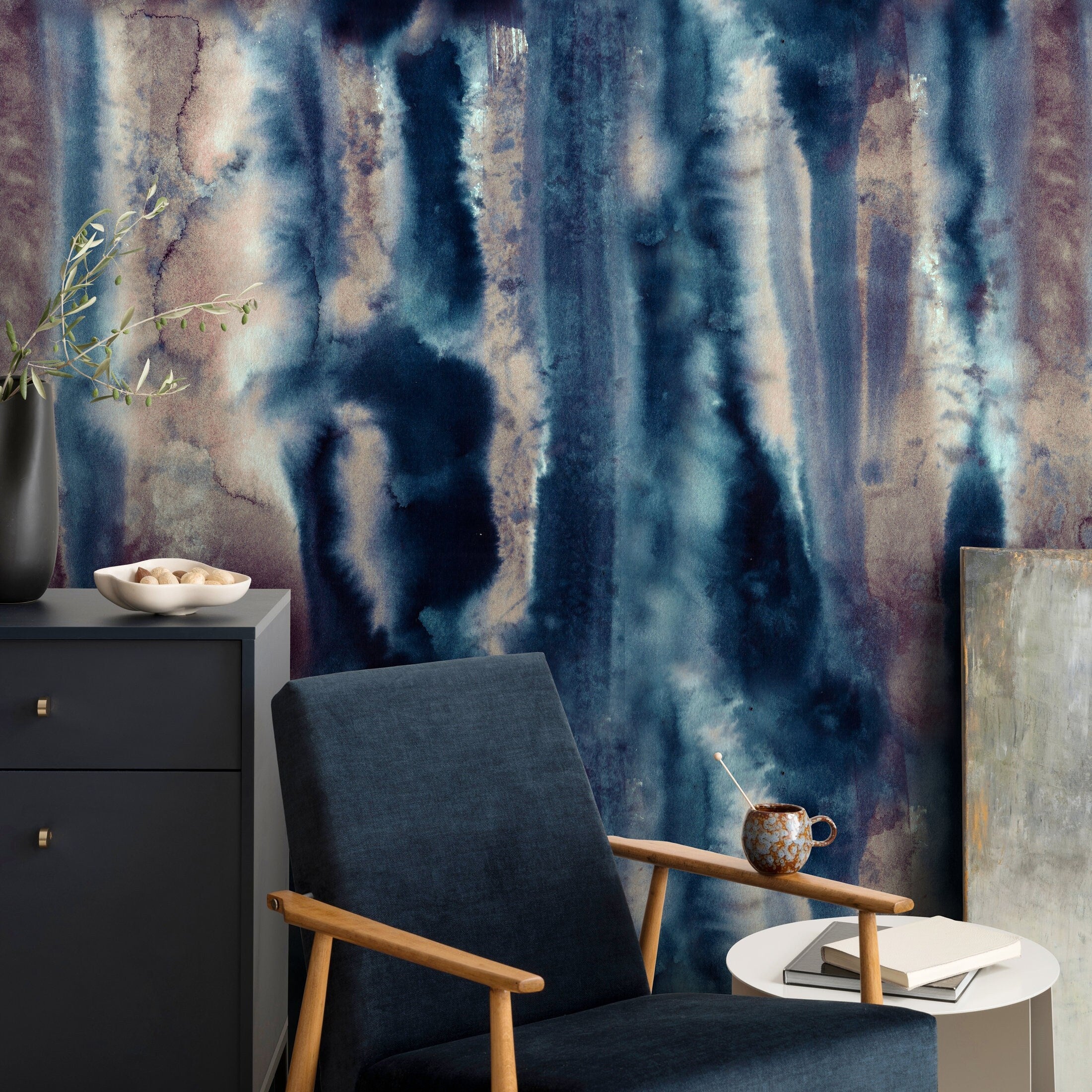 Abstract Wallpaper With A Vertical Watercolor Wash In Navy Blue, Brown, And Taupe - A405