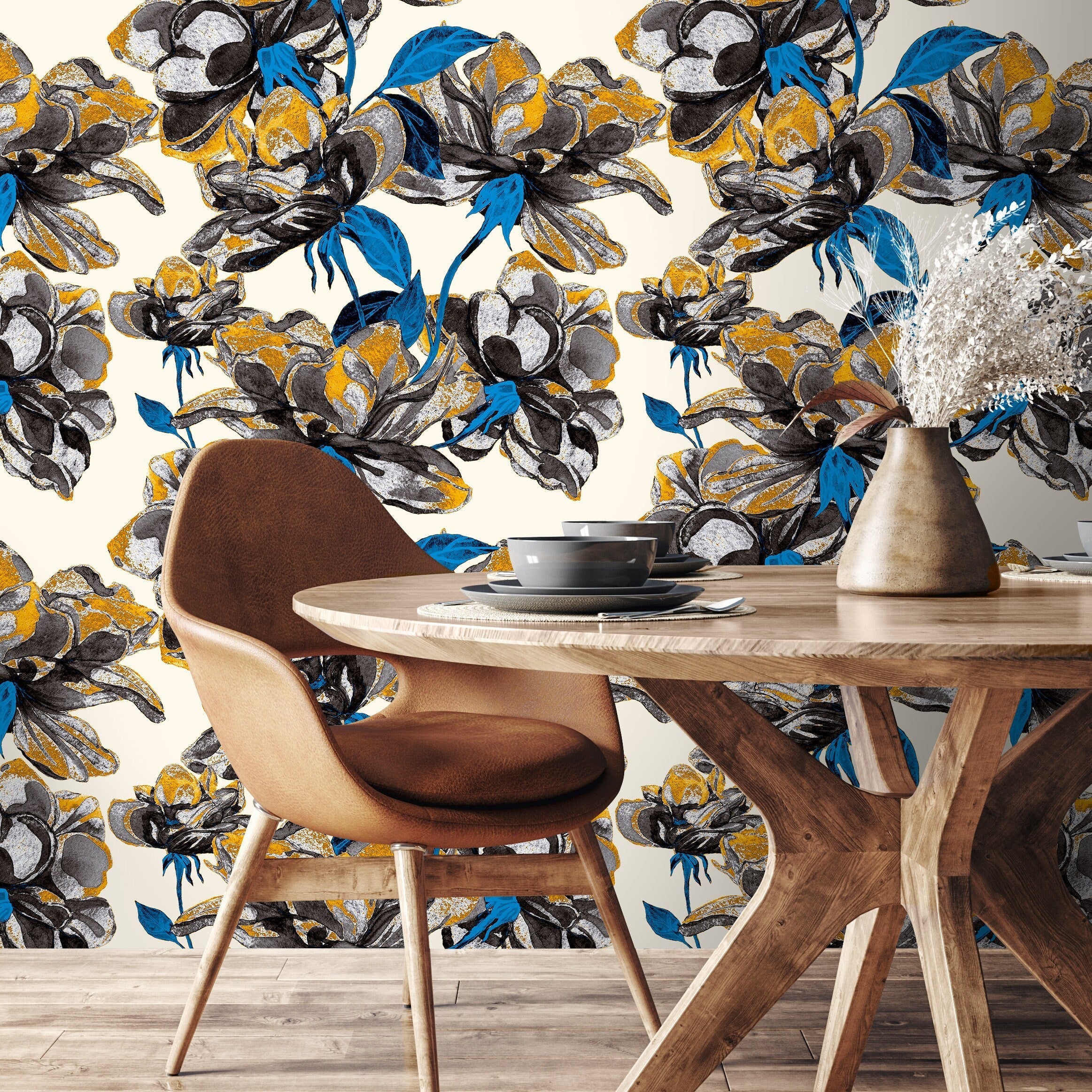 Floral Wallpaper With Stylized Blooms In Black, Yellow, And Blue - A410